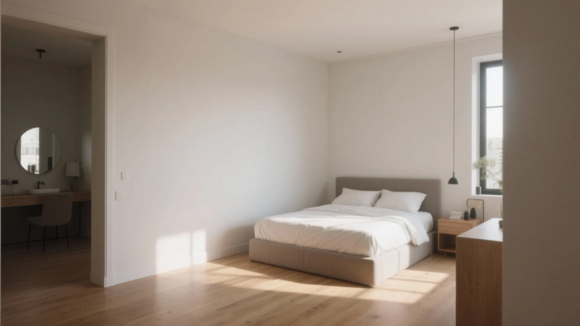 Small bedroom with one minimalist wall and bright open feel