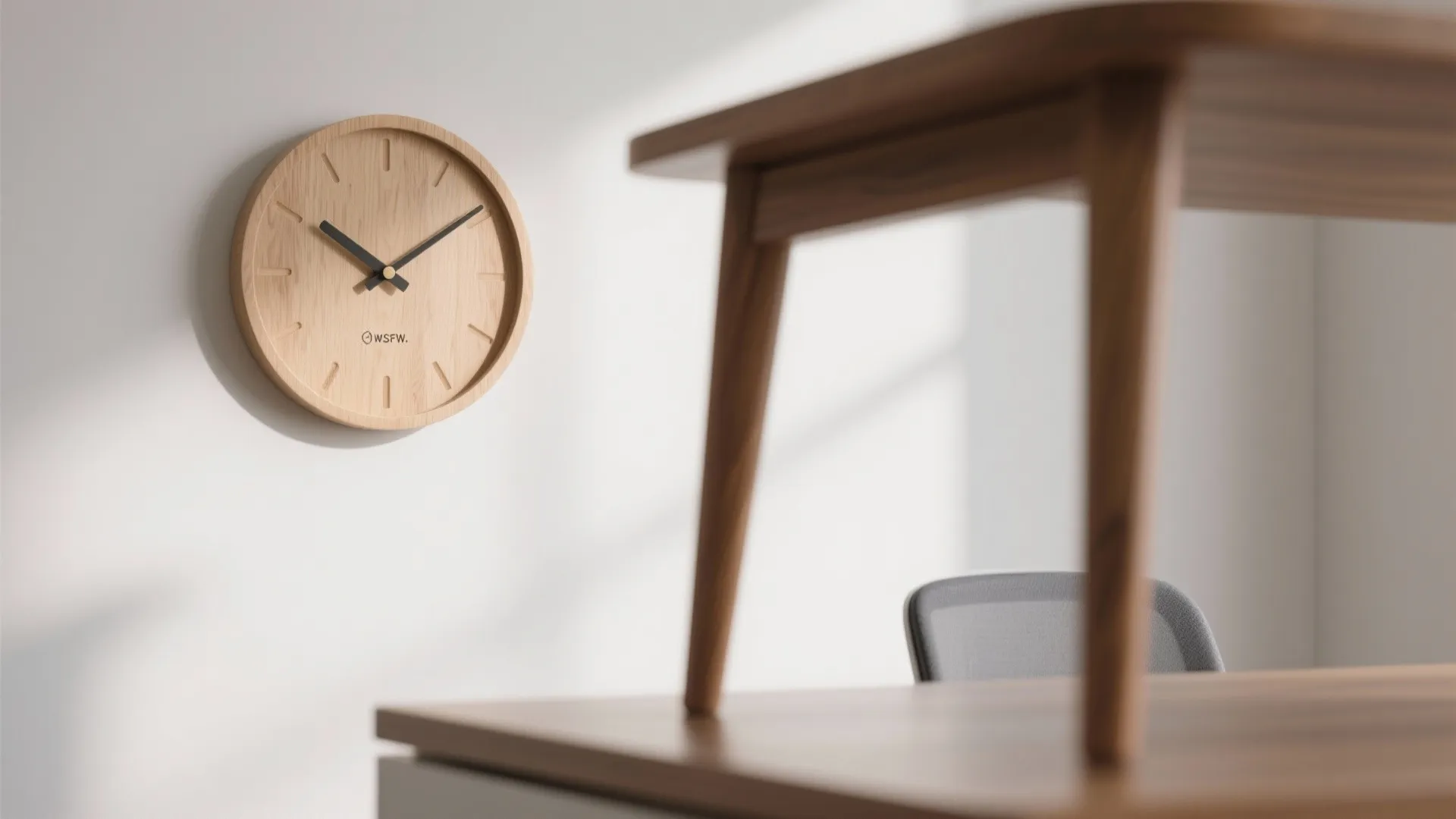 Round wooden wall clock hanging on white wall in a bright home office with wooden desk