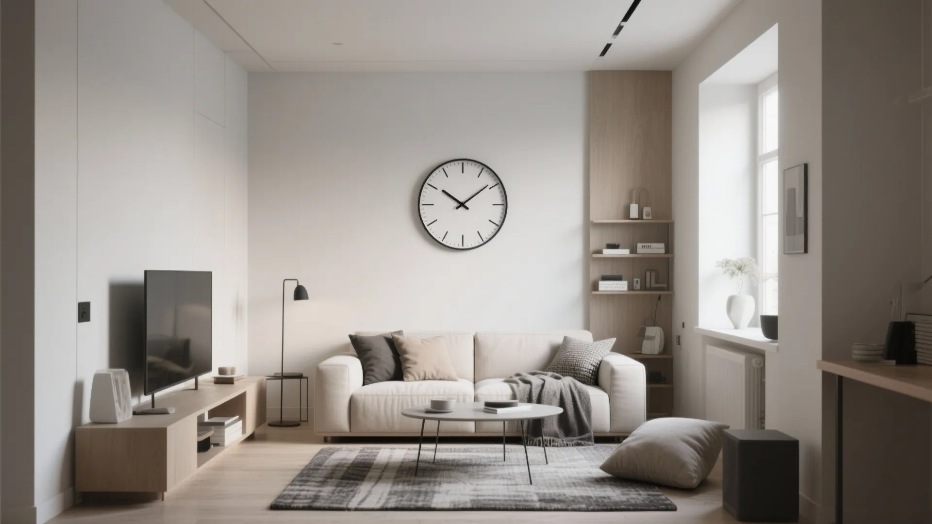 Minimalist living room with white sofa grey rug large wall clock and wooden tv stand cabinet