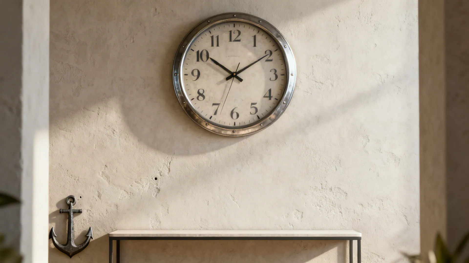 Large round clock centered on a plain wall above a slim console in a minimalist living room