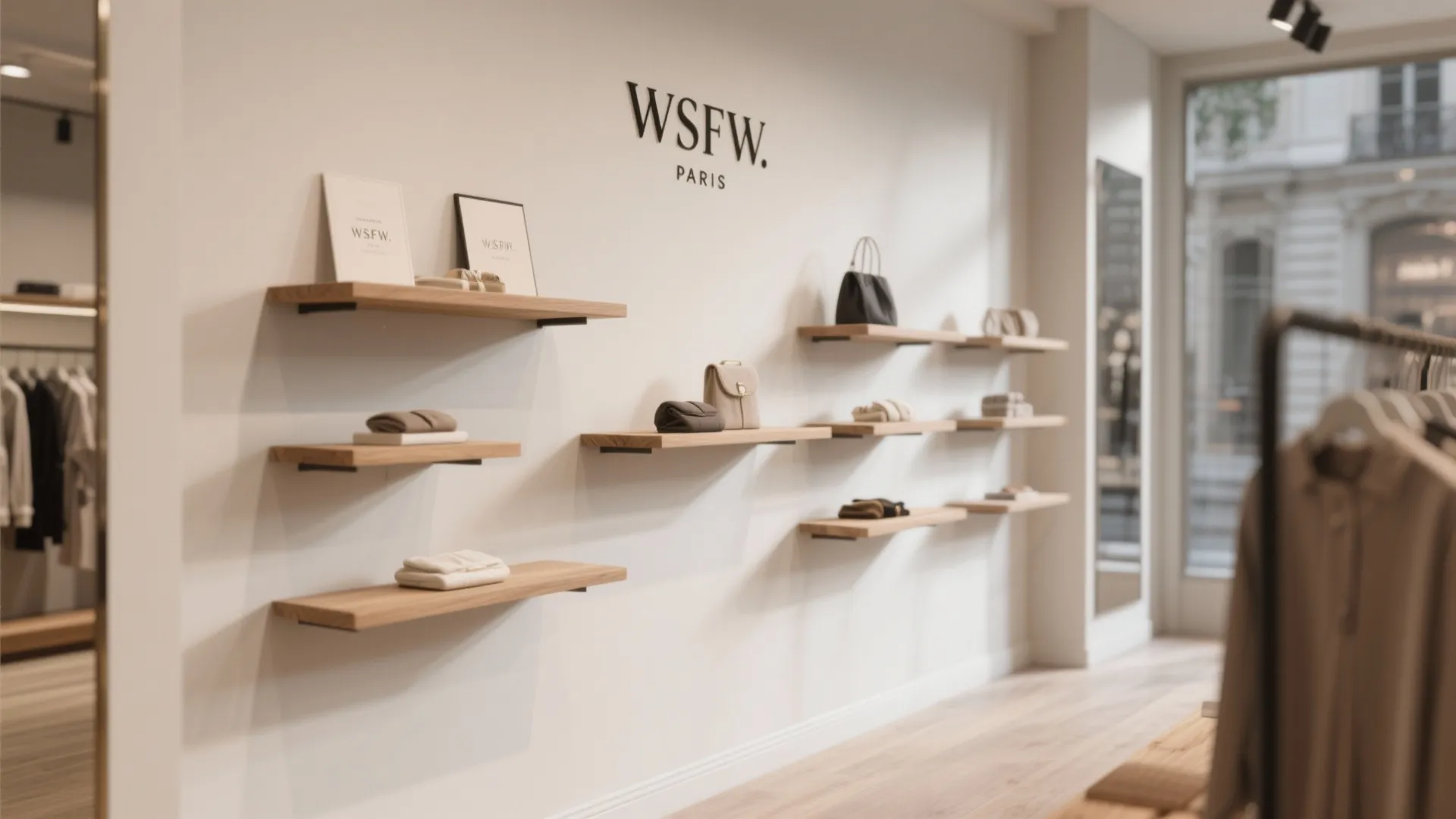 Minimalist wooden wall shelves displaying bags and folded clothes in a bright modern fashion store