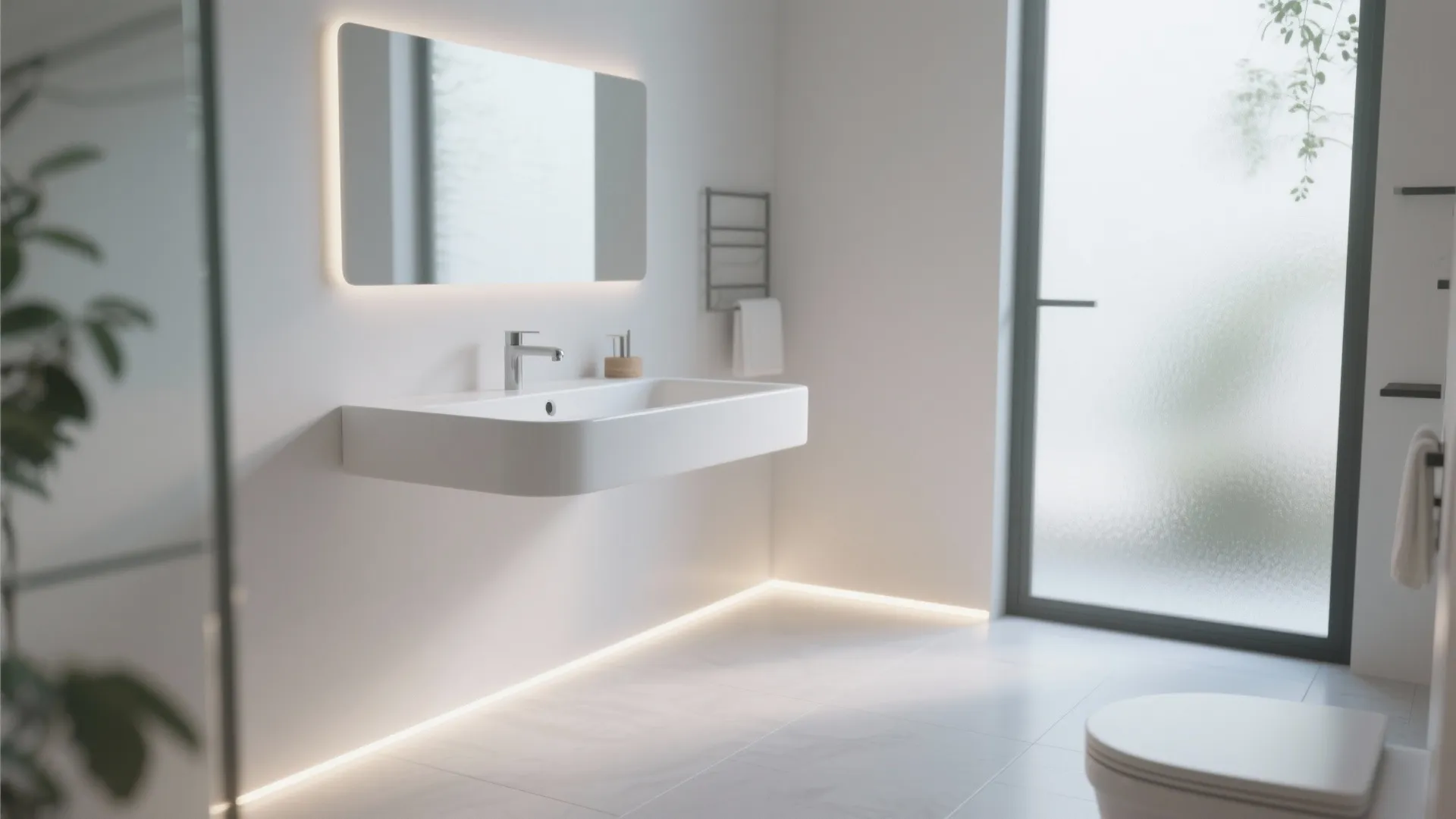 Minimalist white bathroom featuring wall mounted sink, lighted mirror, toilet, glass door, and clean floor