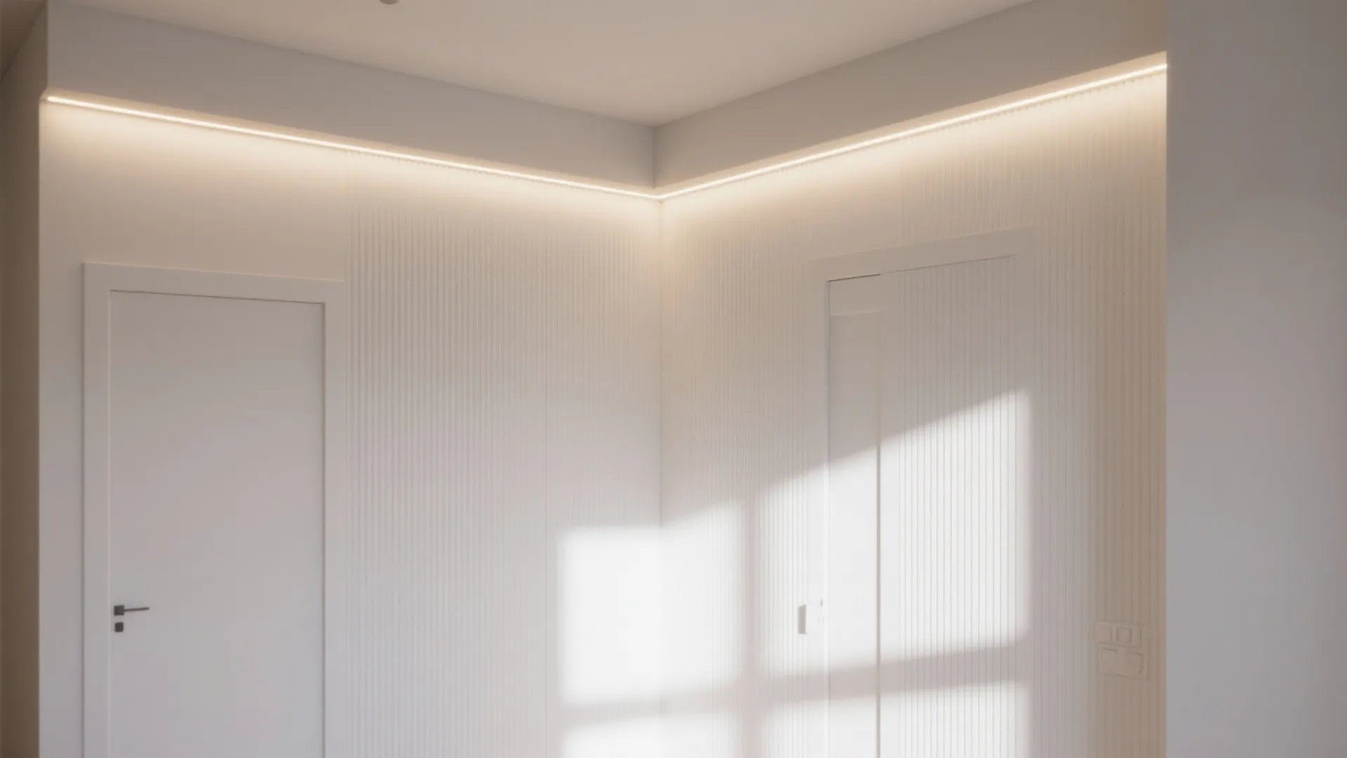 Minimalist room corner featuring white wall panels with vertical lines and hidden ceiling light strip