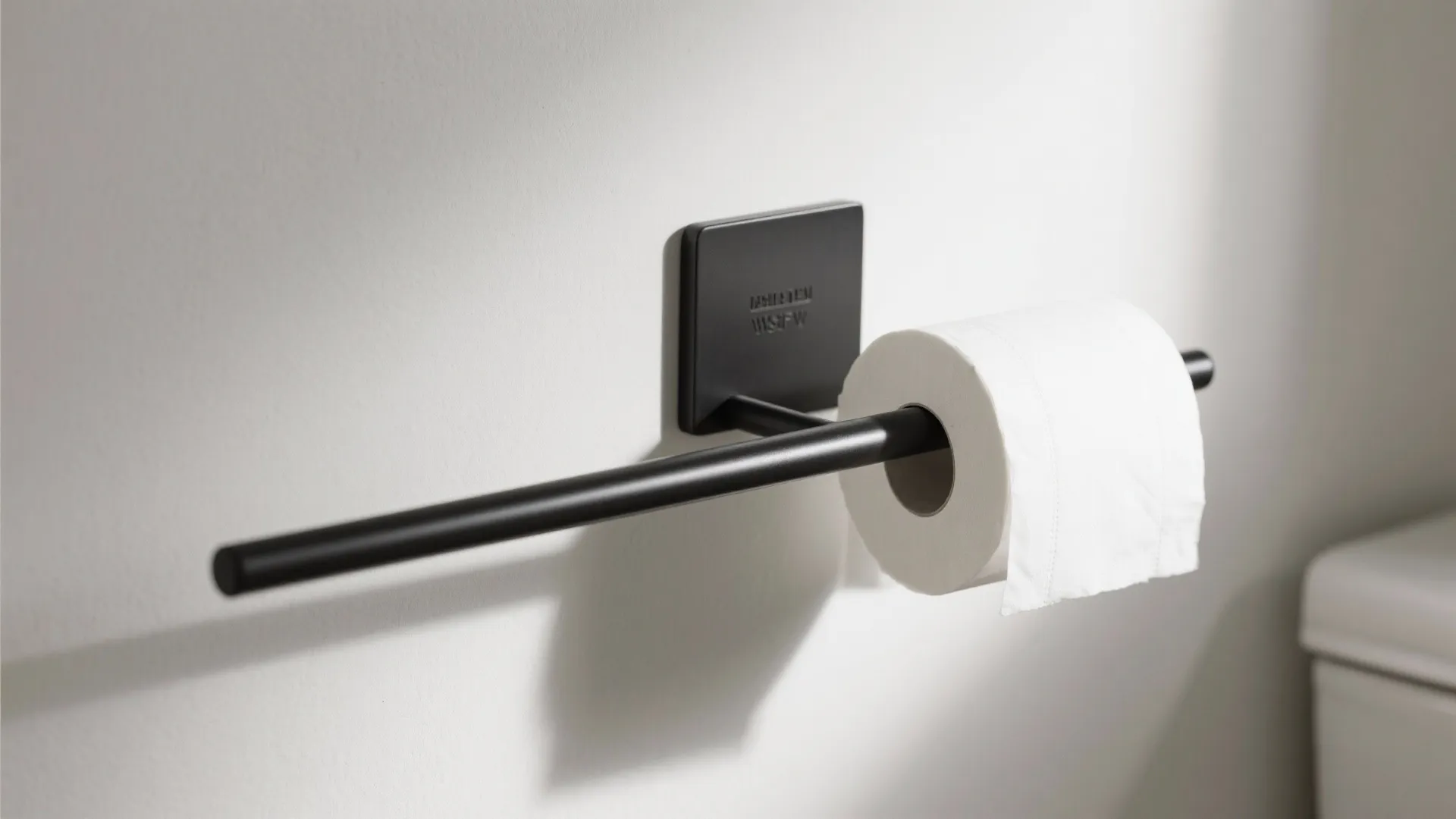 Black minimalist long horizontal wall rod holding one roll of white toilet paper in bathroom