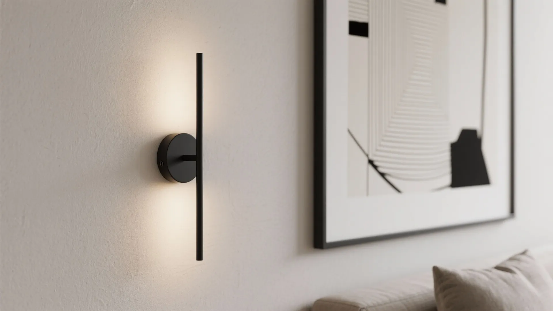 Slim matte black wall sconce beside modern art in living room