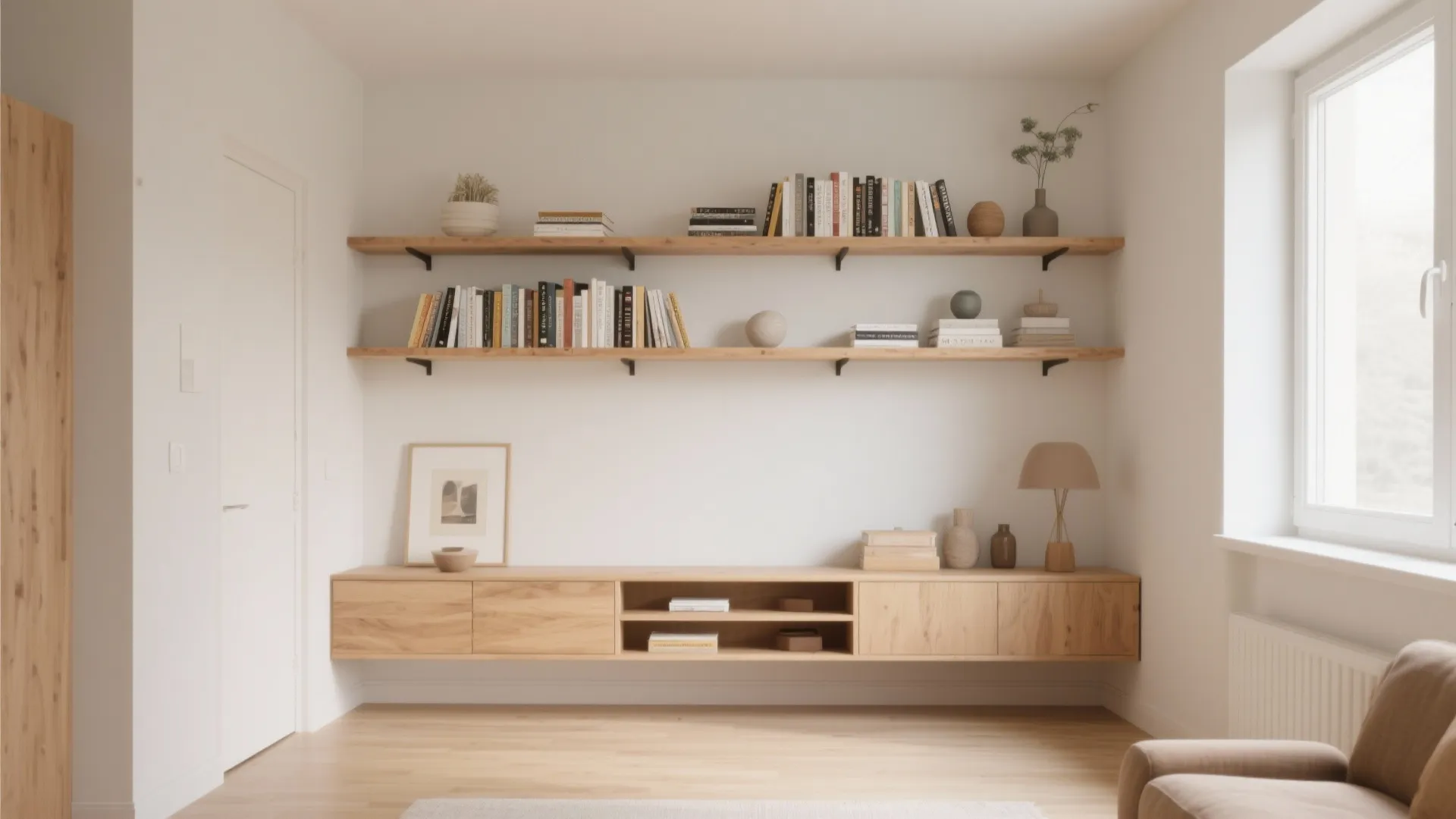 Minimalist white wall featuring two wooden floating shelves and a long wooden cabinet with decor
