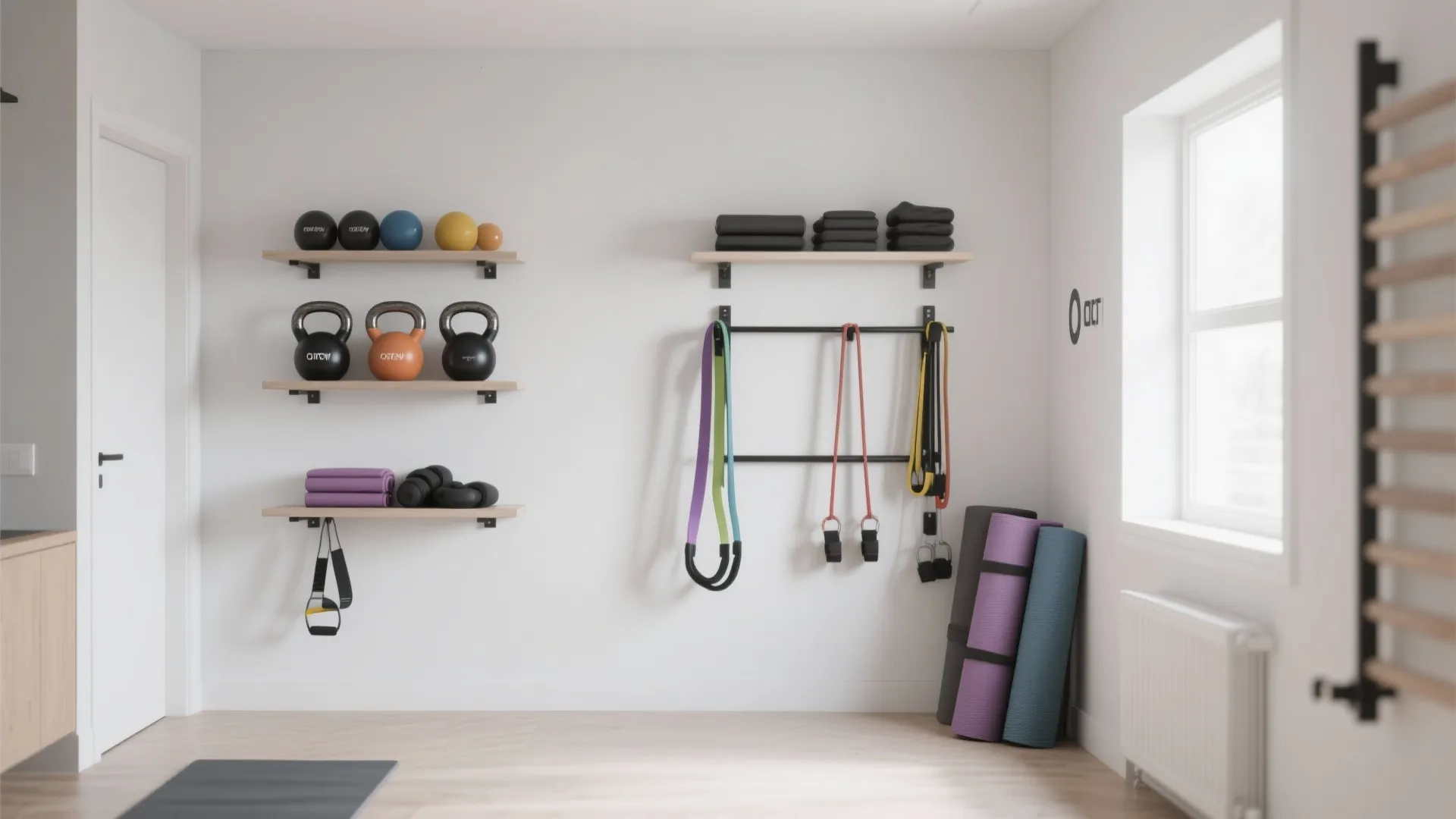 Minimalist home gym with white walls wooden floors wall shelves exercise equipment and large bright window