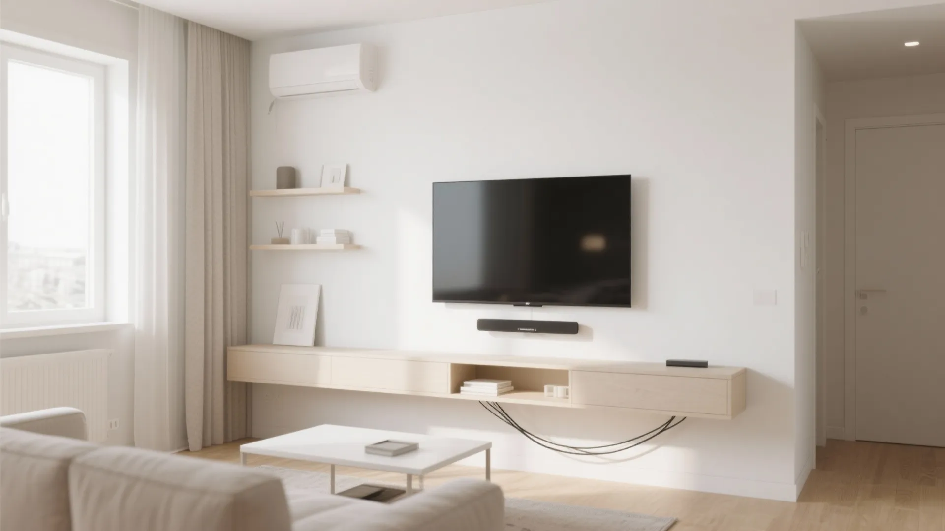 Minimalist wall-mounted TV setup