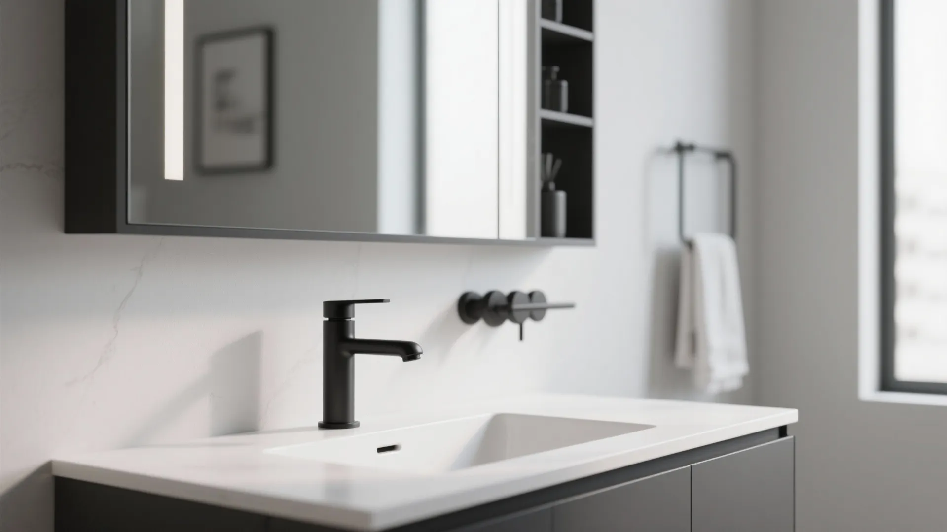 Modern white bathroom sink with black faucet and dark cabinet under a mirror with lighting