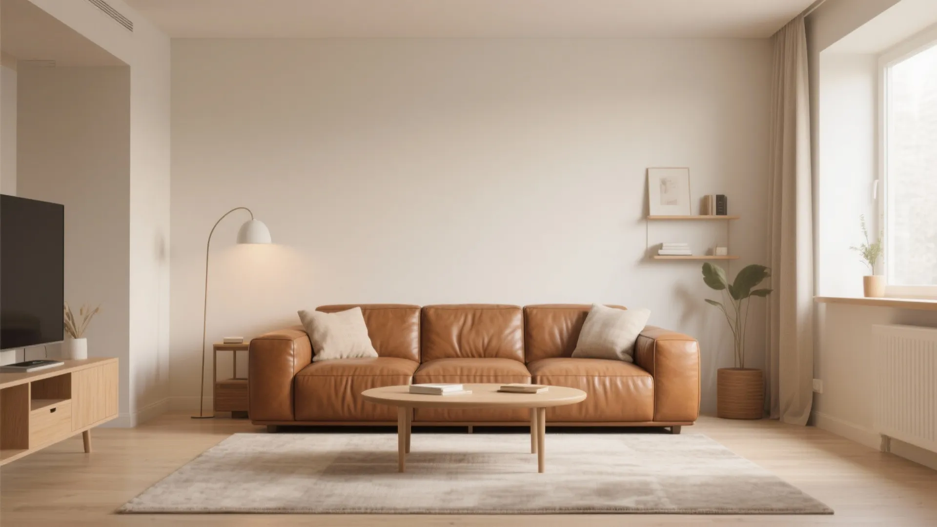 Brown leather sofa facing wooden coffee table with floor lamp rug and shelves in minimalist room