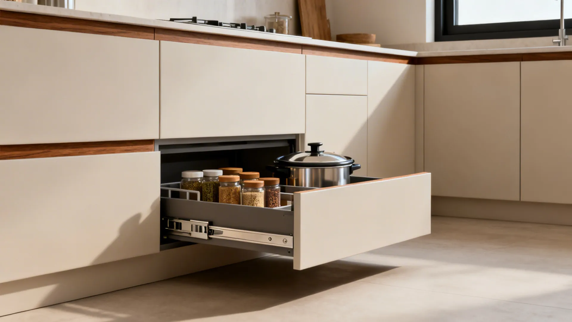 Minimalist pale matte cabinets with walnut trim and organized deep drawers