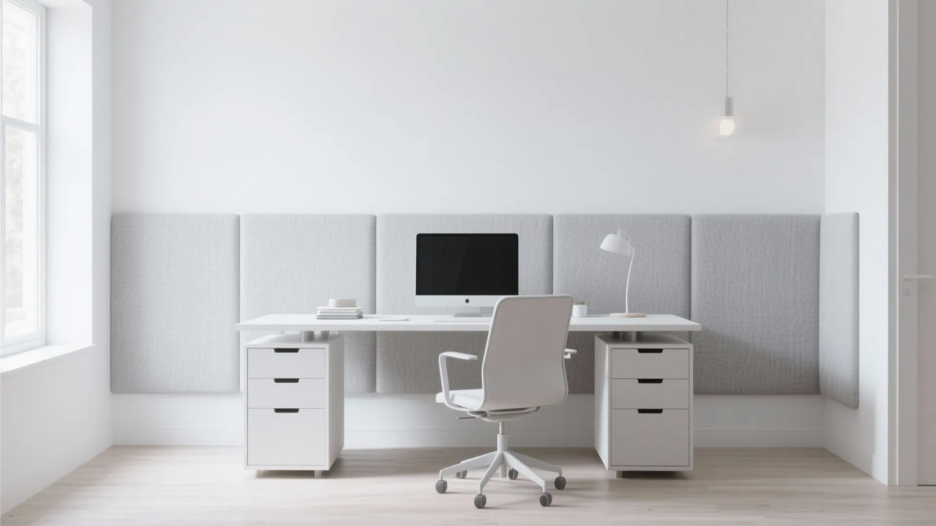 Home office with clean white backdrop and minimal decor