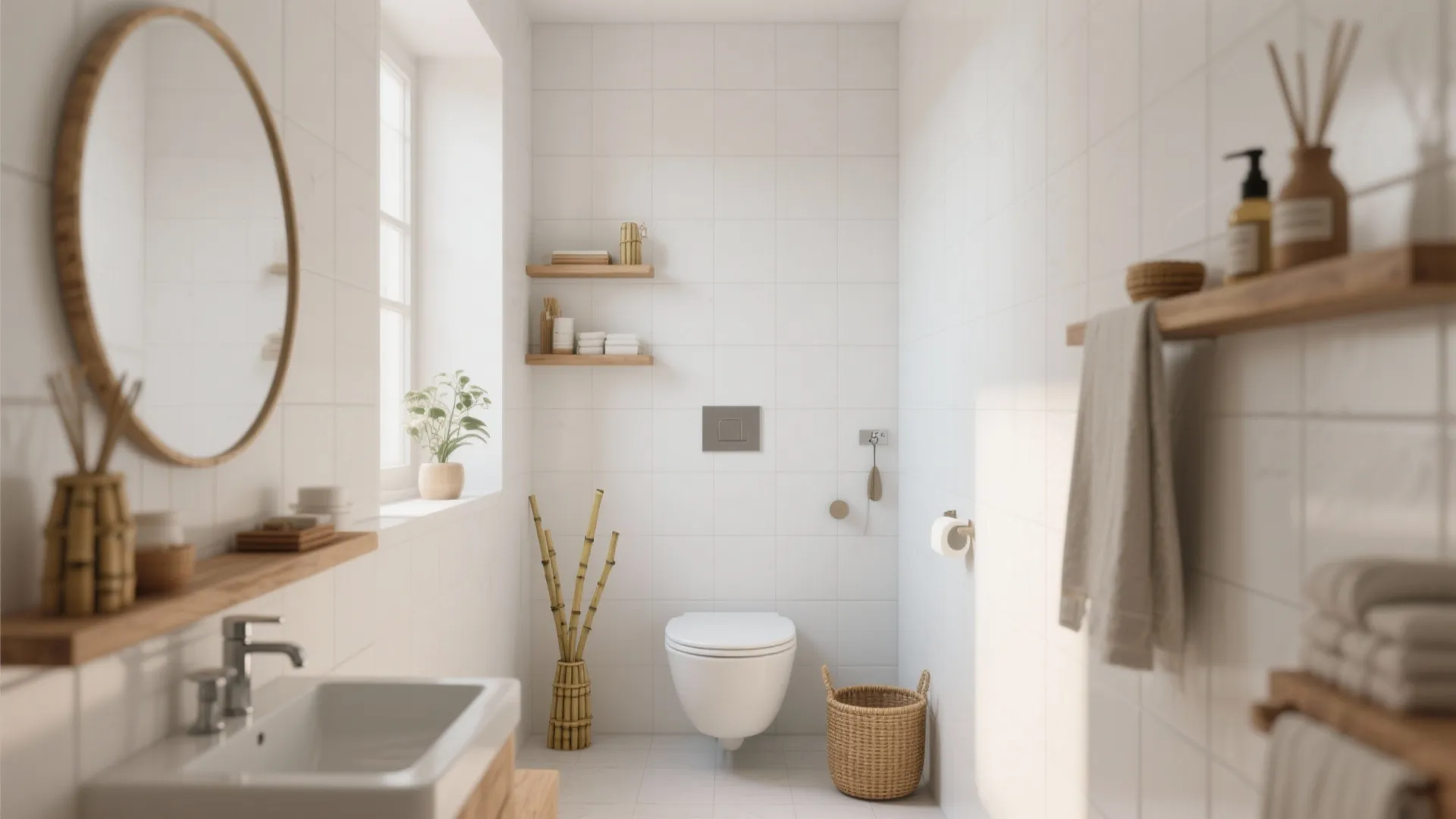 Bright minimalist bathroom with white wall tiles wooden shelves round mirror and a white toilet