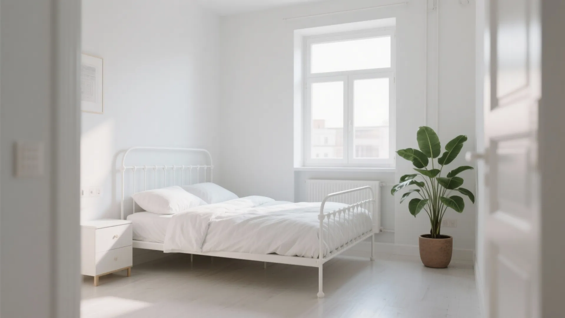 Minimalist bedroom with white metal bed and green plant