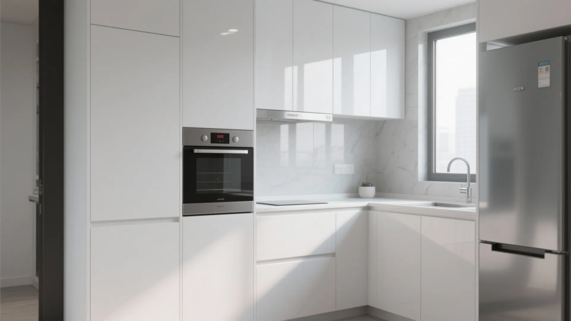Modern white kitchen with glossy cabinets built-in oven stainless steel fridge and marble wall tile