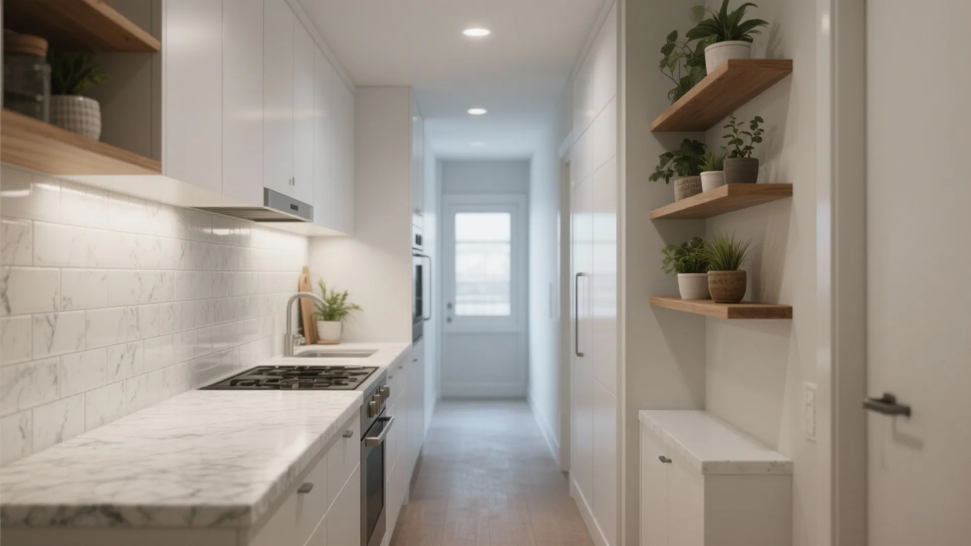 1. All-white minimalist with textured granite