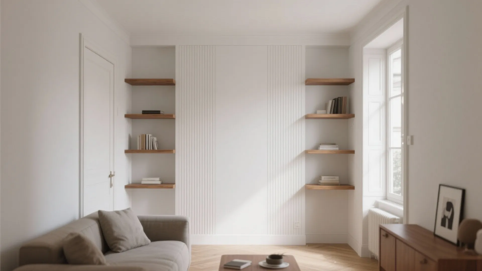 Minimalist white living room with wall panel details wooden floating shelves sofa and bright windows