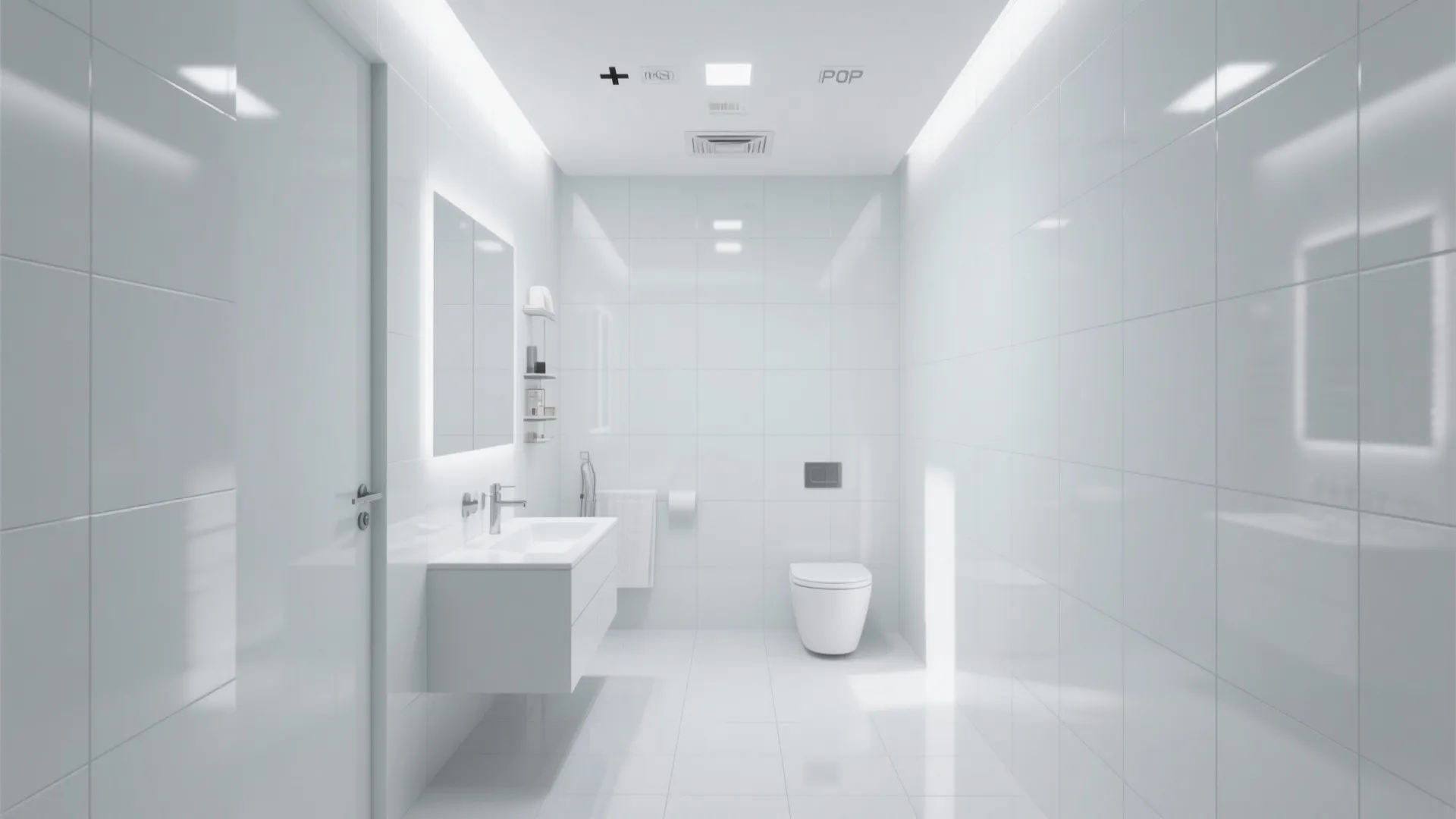 Minimalist all white bathroom interior with glossy wall tiles vanity sink toilet and bright lighting