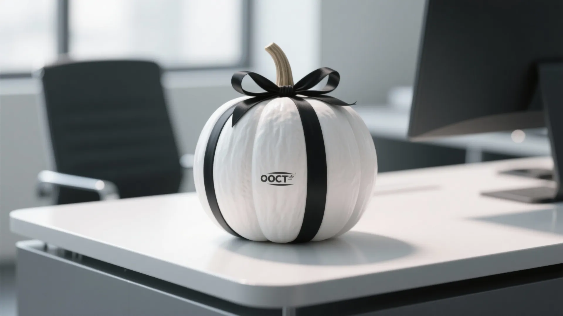 White pumpkin with black ribbon on modern office desk