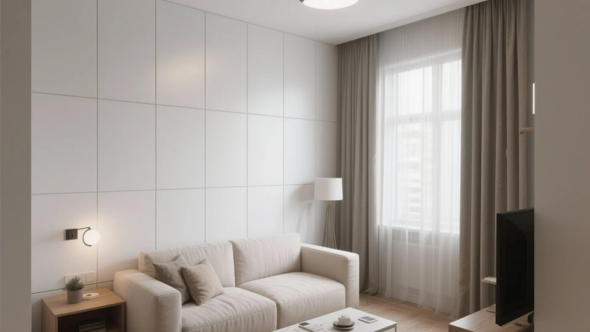 Minimalist living room with white square wall panels and cream sofa near a bright window