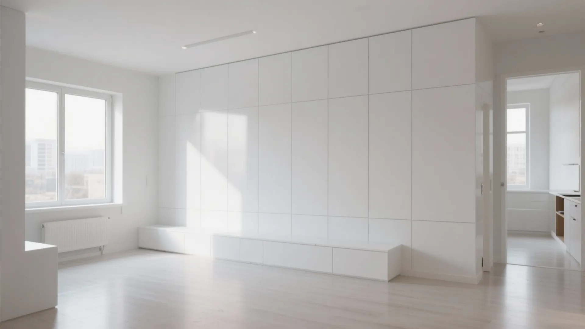Minimalist white room featuring a large wall cabinet system with a window and natural light
