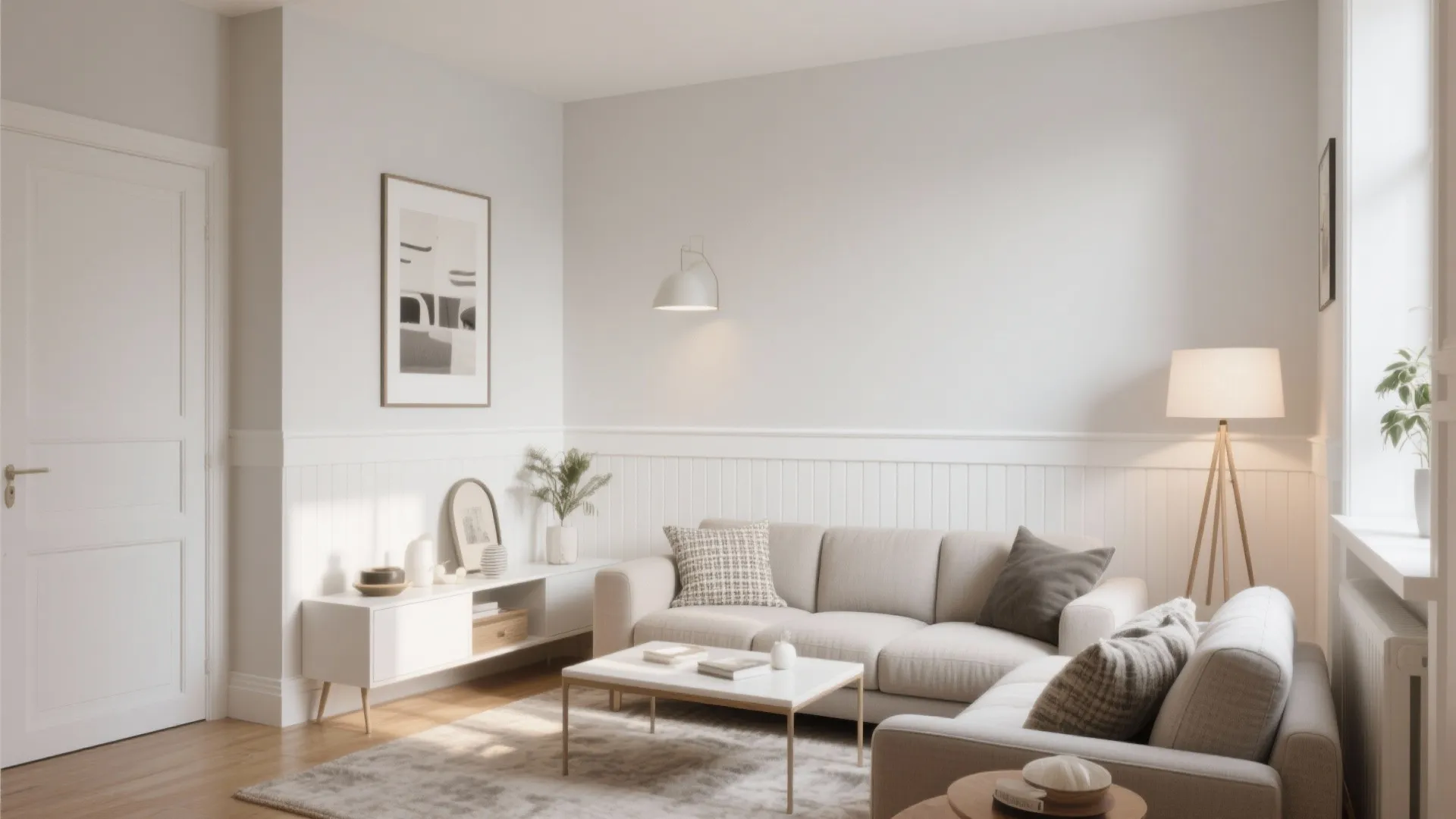 Minimalist white living room with wall panels behind a beige sofa and white coffee table