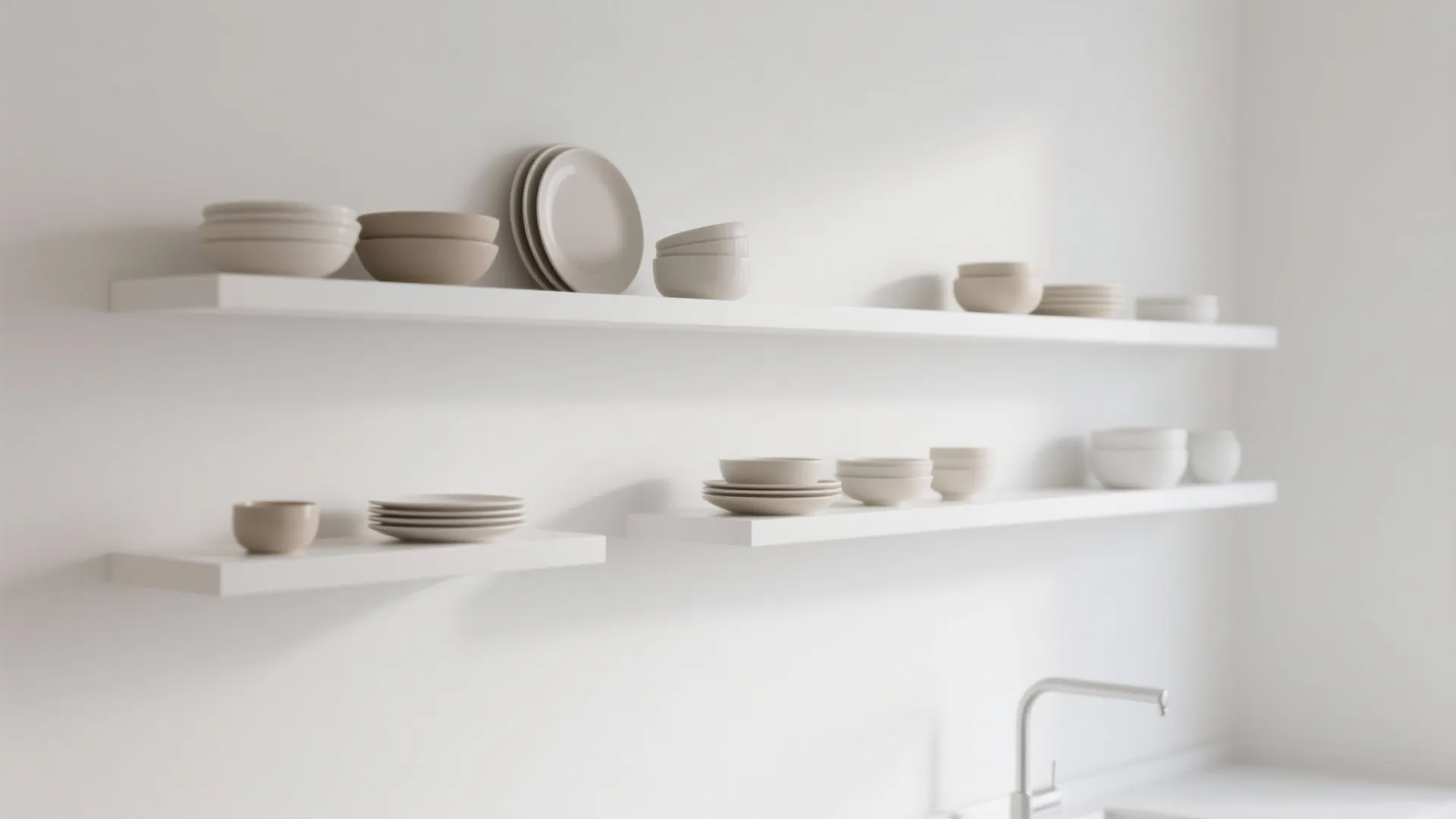 Minimalist white floating shelves holding beige ceramic plates and bowls on a clean white wall