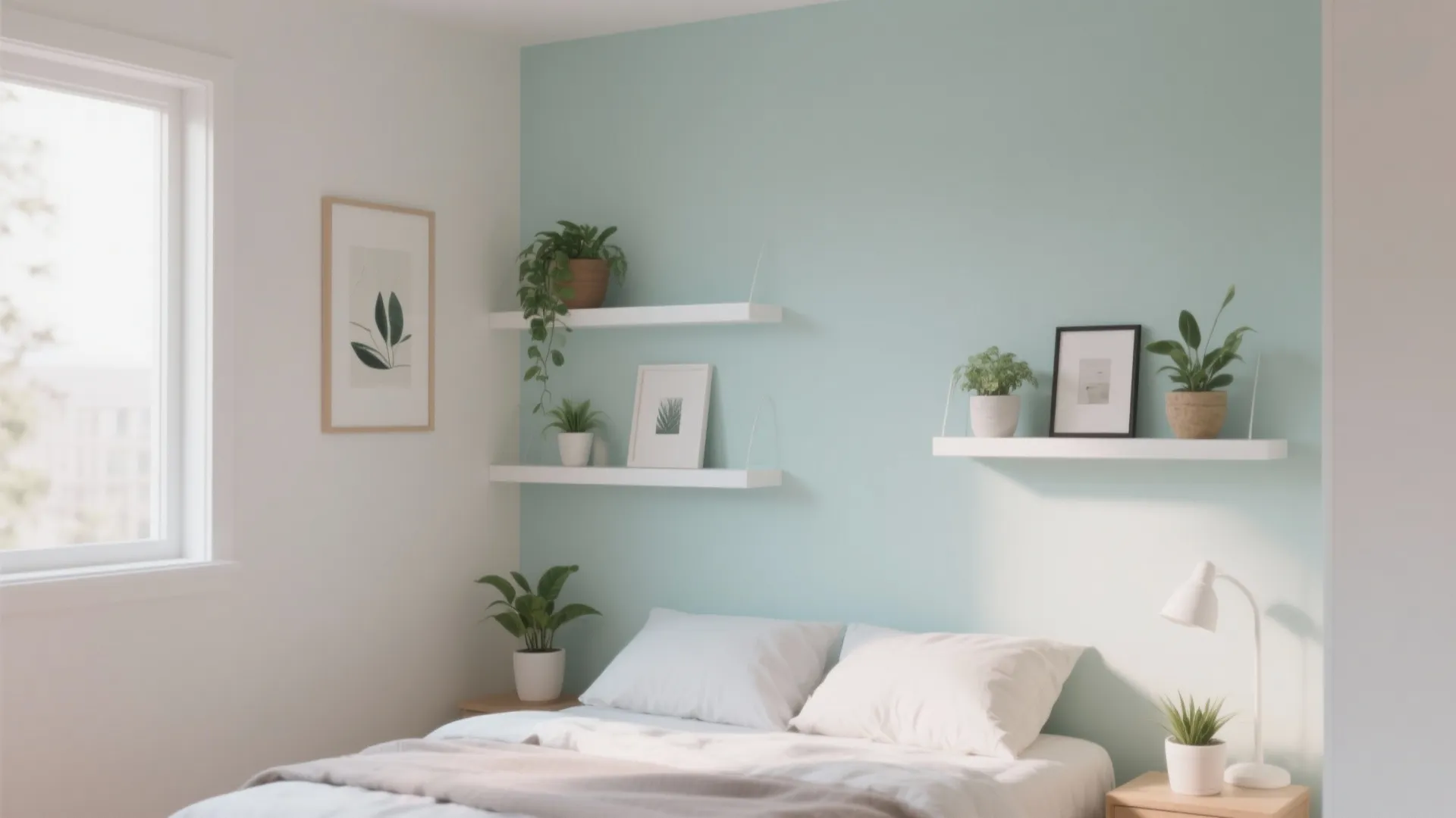Simple bedroom design with light blue accent wall white floating shelves potted plants and table lamp