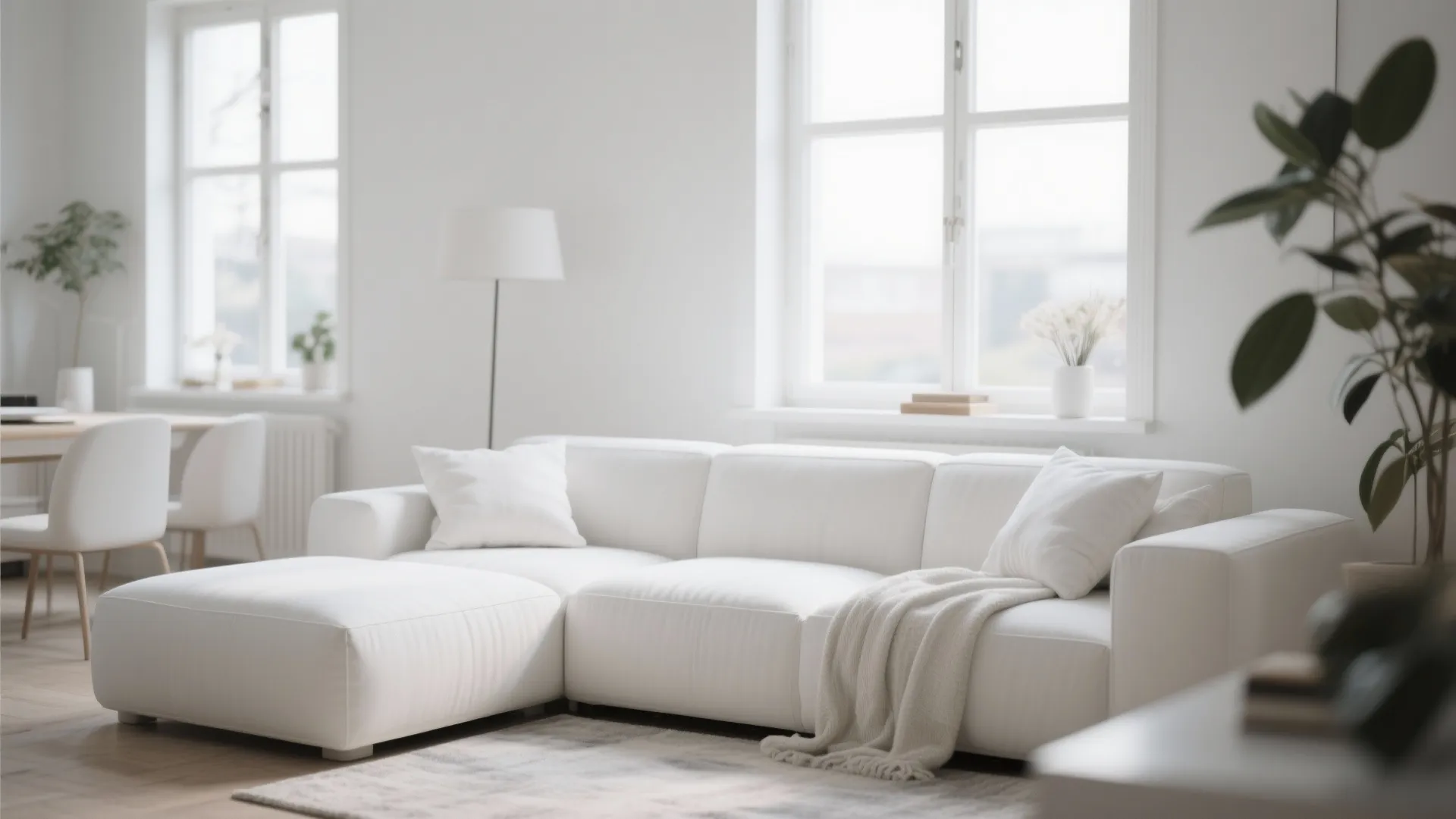 Modern white sectional sofa in a bright minimalist living room with windows and green plants