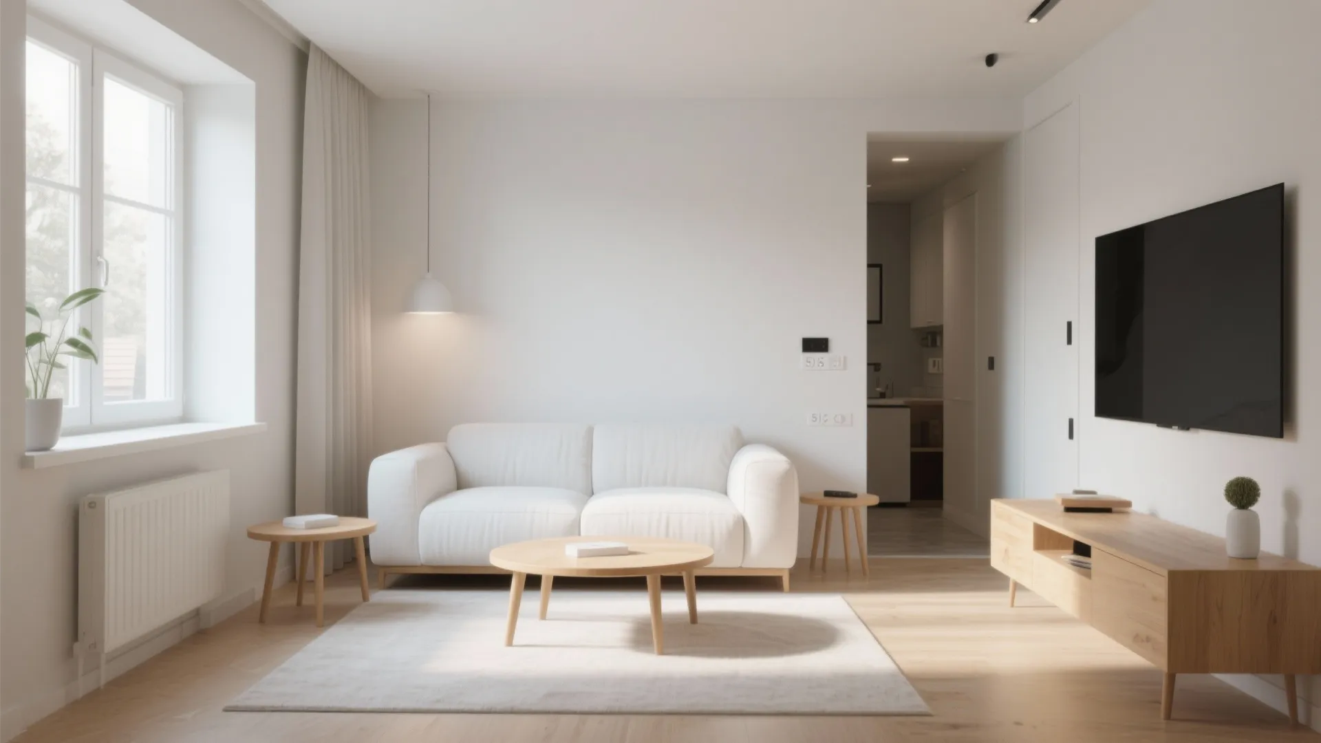 Minimalist living room with white sofa wooden coffee table television cabinet and a single wall light