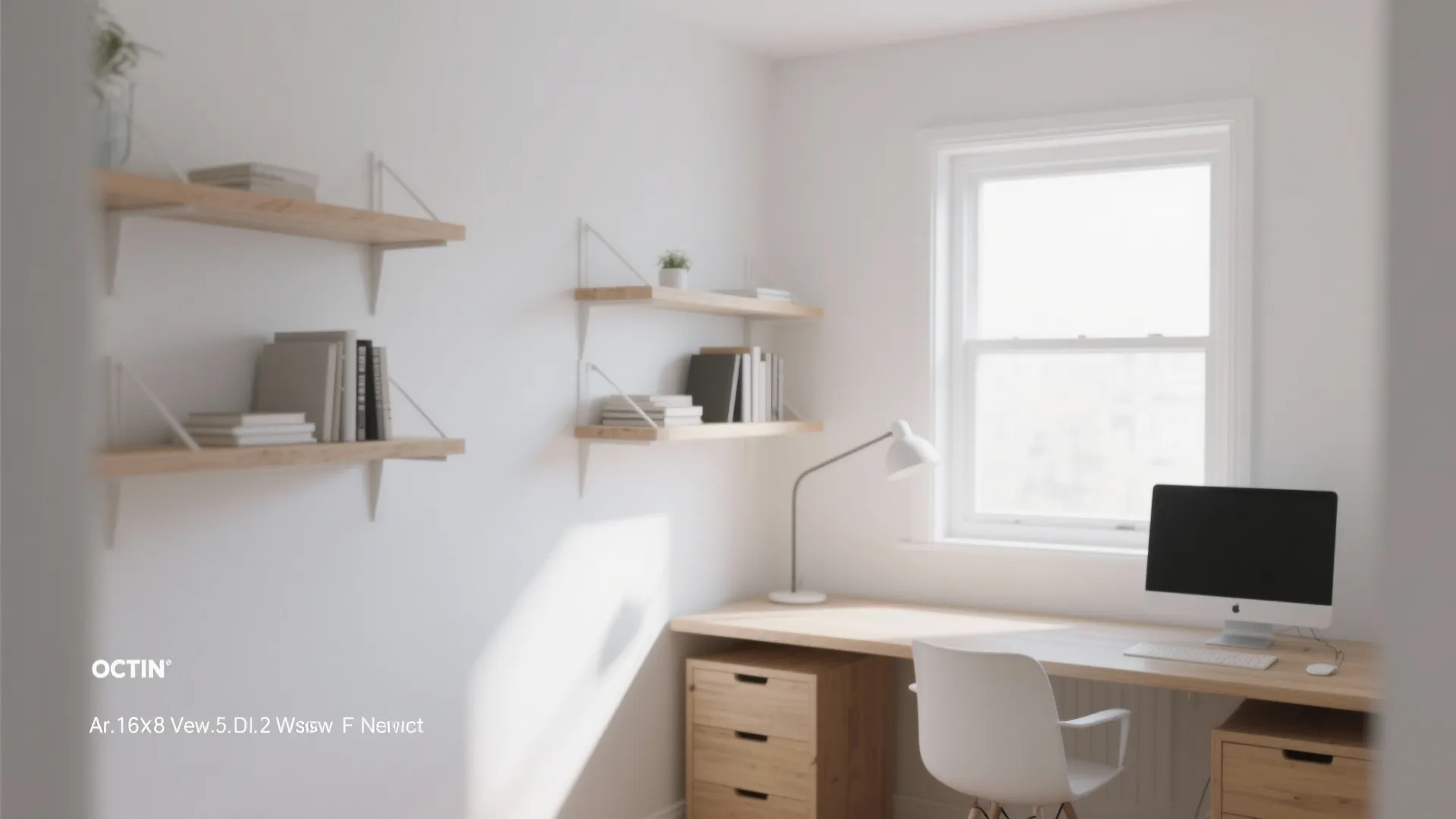 Minimalist white study room with wooden desk computer white chair wall shelves and natural window light