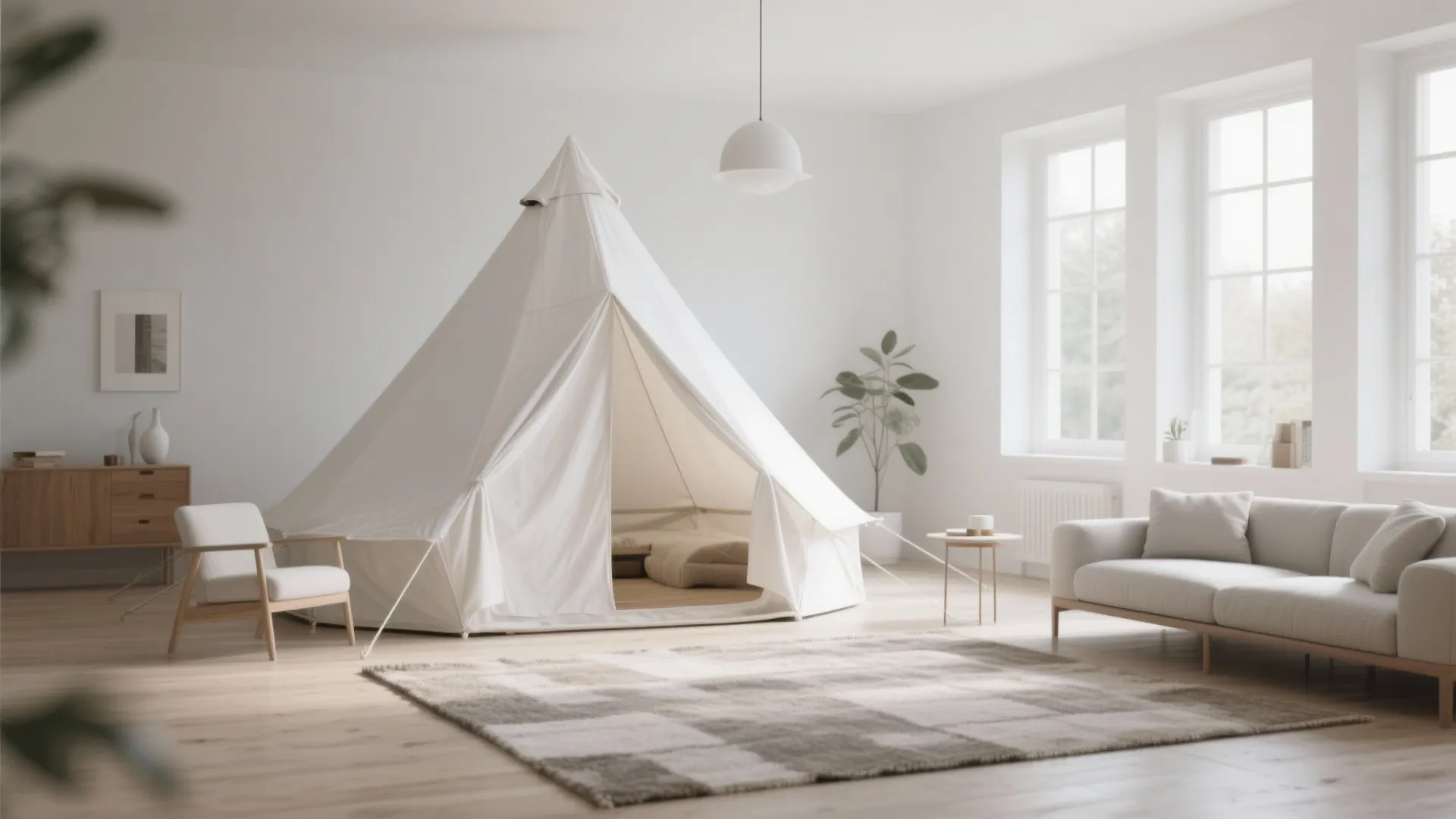Minimalist white canvas tent in a Scandinavian living room