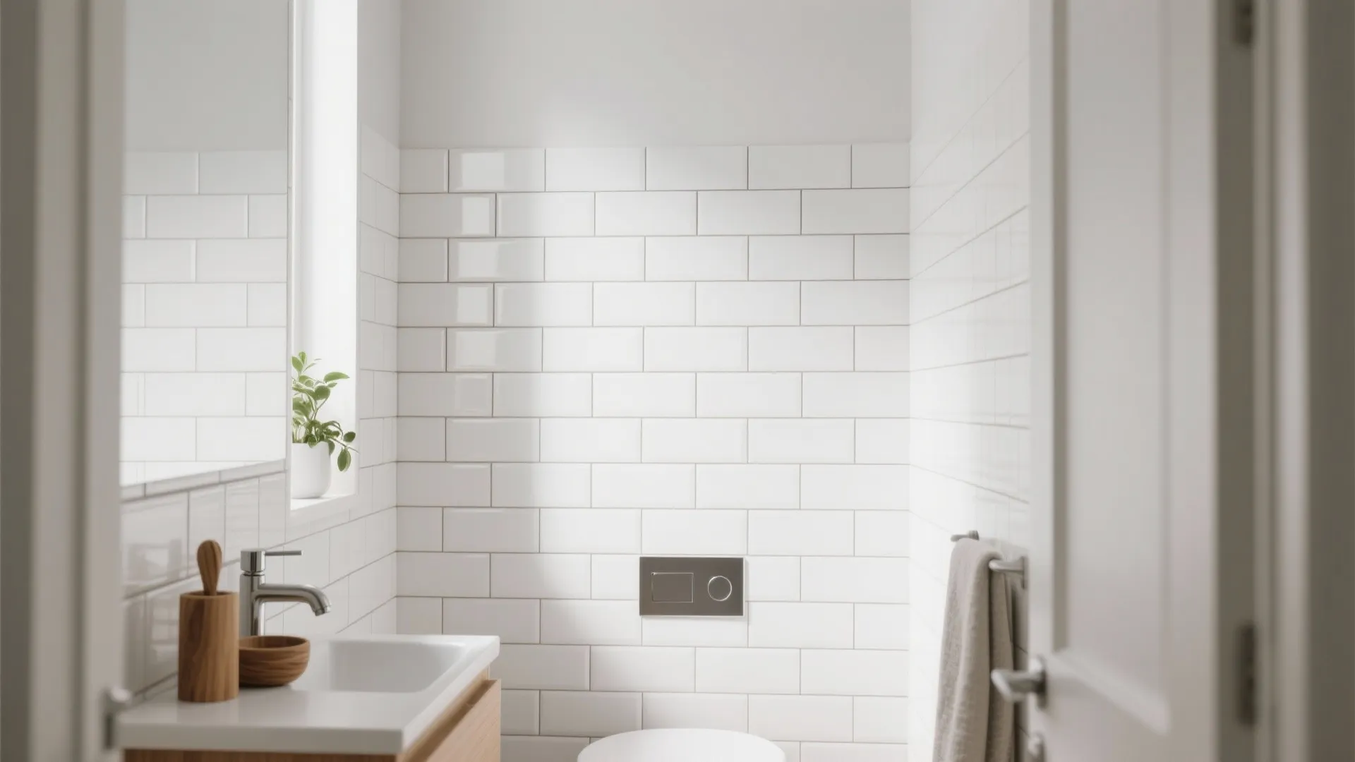 Clean minimalist bathroom with white brick wall tiles wood sink cabinet small plant and white door