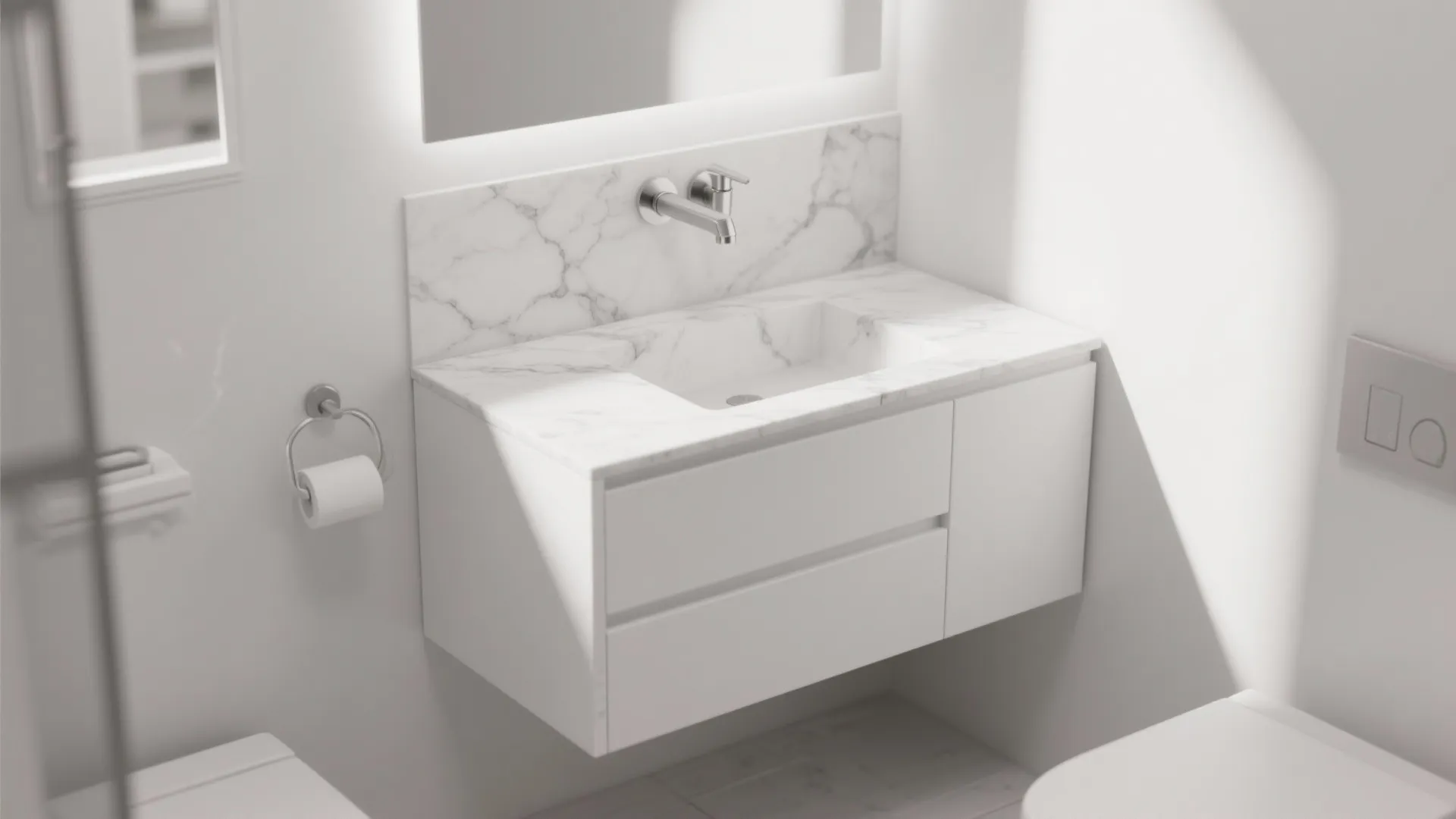 Modern white floating cabinet with marble top and silver faucet in a bright clean bathroom
