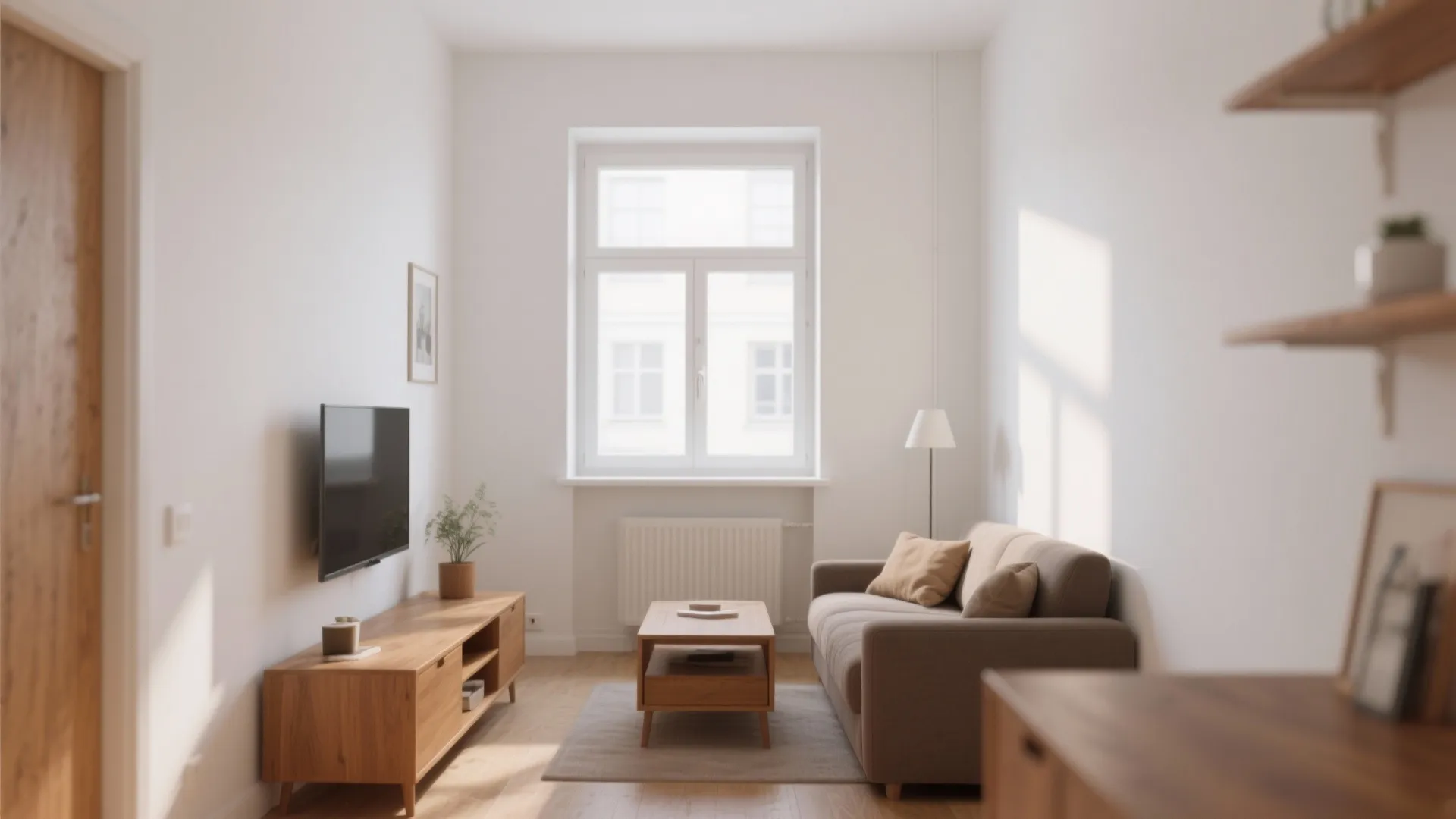 Minimalist living room with white walls, wooden cabinet, grey sofa, large window, wooden coffee table