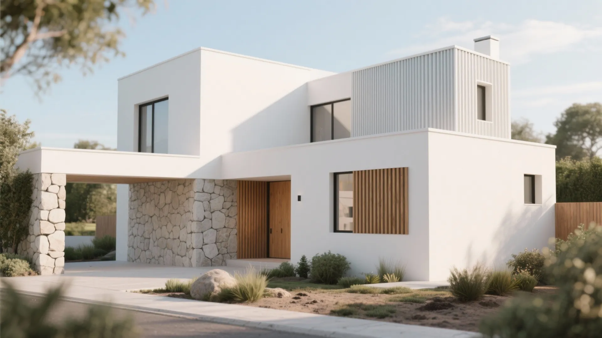 Creamy white minimalist house with stone, wood slats, and ribbed metal panels under soft daylight.