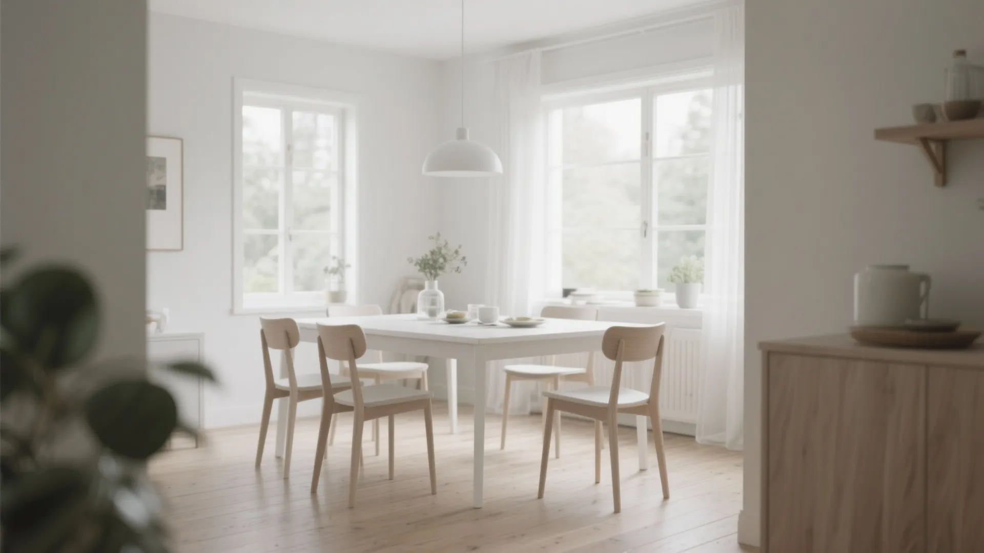 Bright dining room with white table wooden chairs white walls windows and a ceiling light