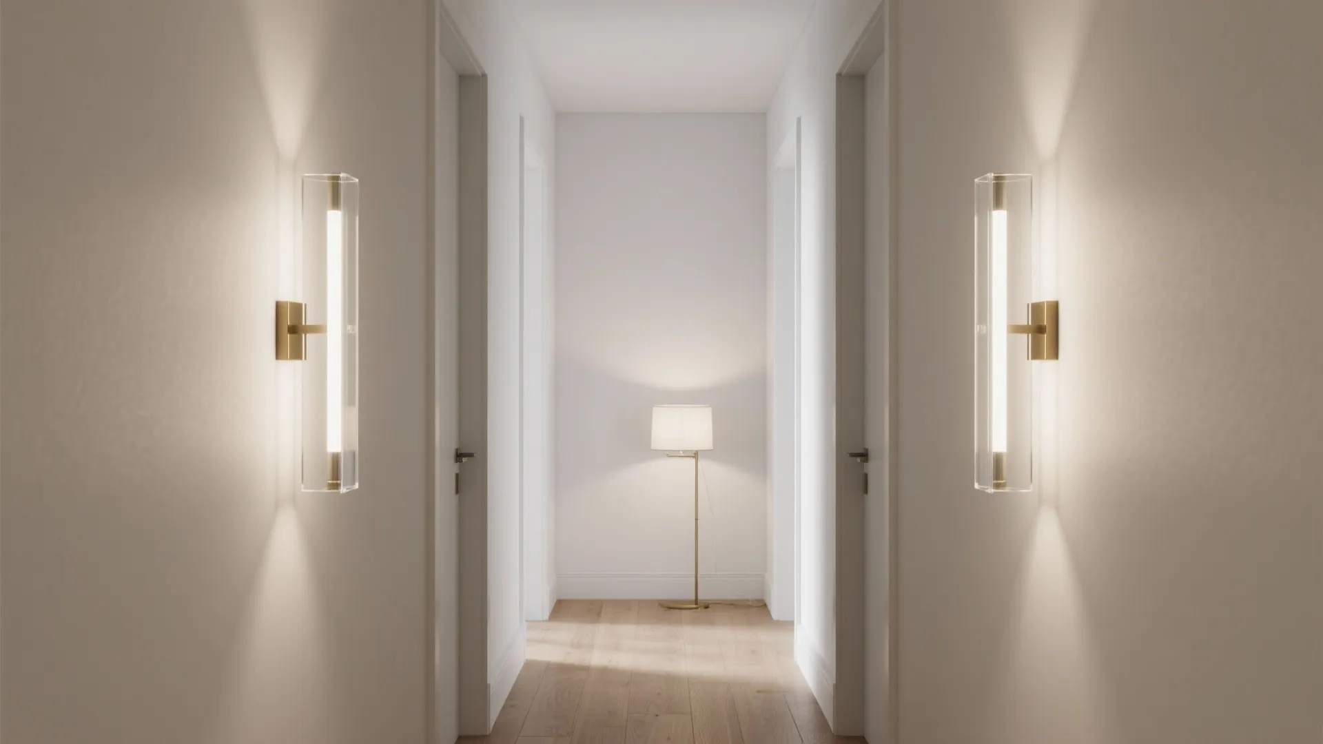 Narrow hallway widened by two slim minimalist glass sconces washing light along matte walls, floor clear and uncluttered.