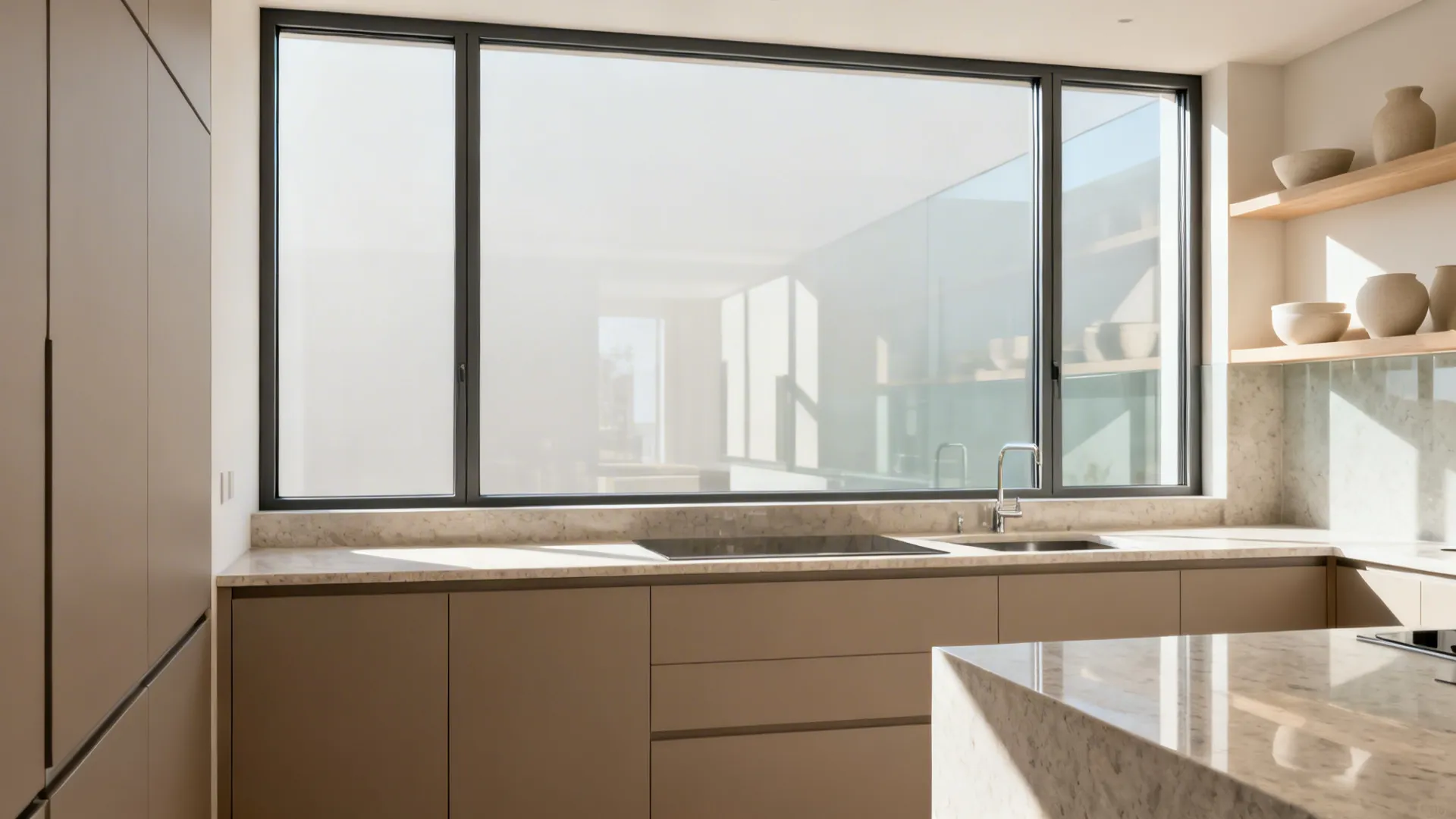 Small kitchen with slim minimalist window frames maximizing glass and daylight.