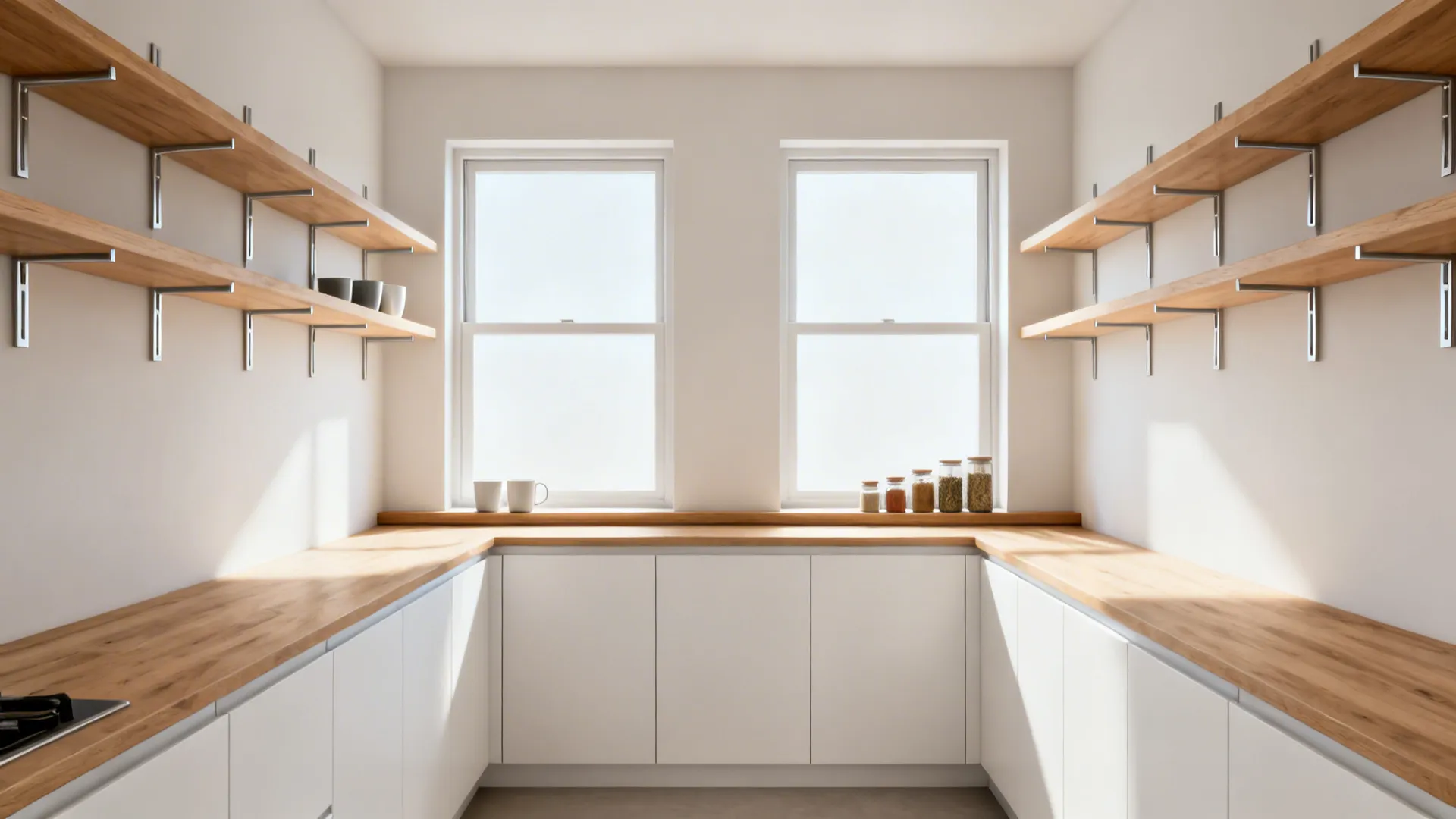 Minimalist galley kitchen with two windows framed by open shelves and a slim ledge under the sills.