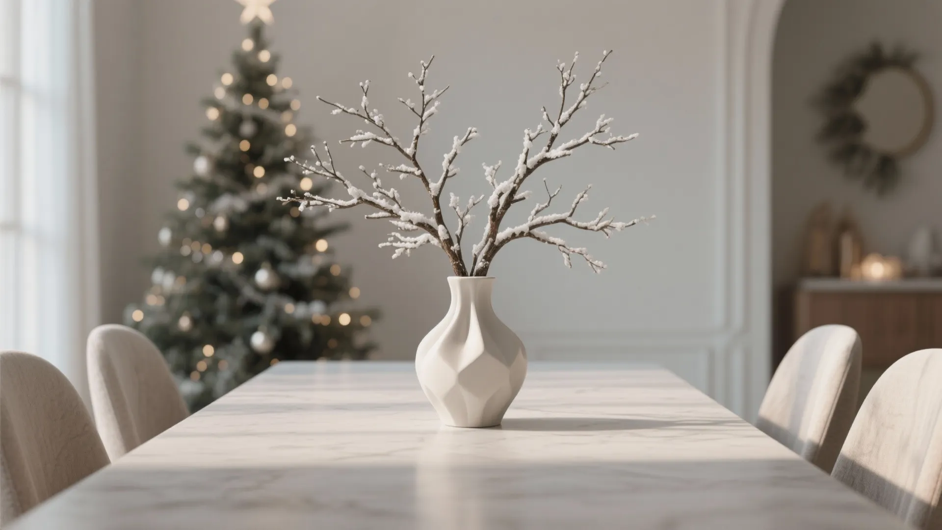 White vase with snow covered branches on marble table with Christmas tree in the background