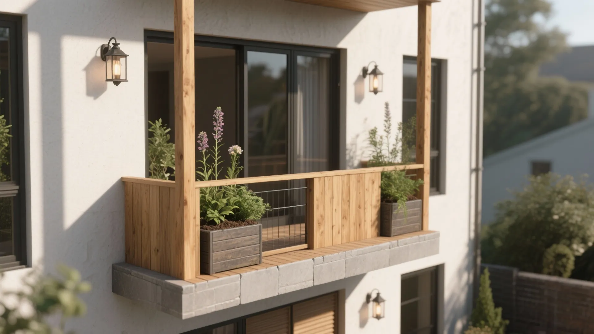 Minimalist wood balcony with planter boxes