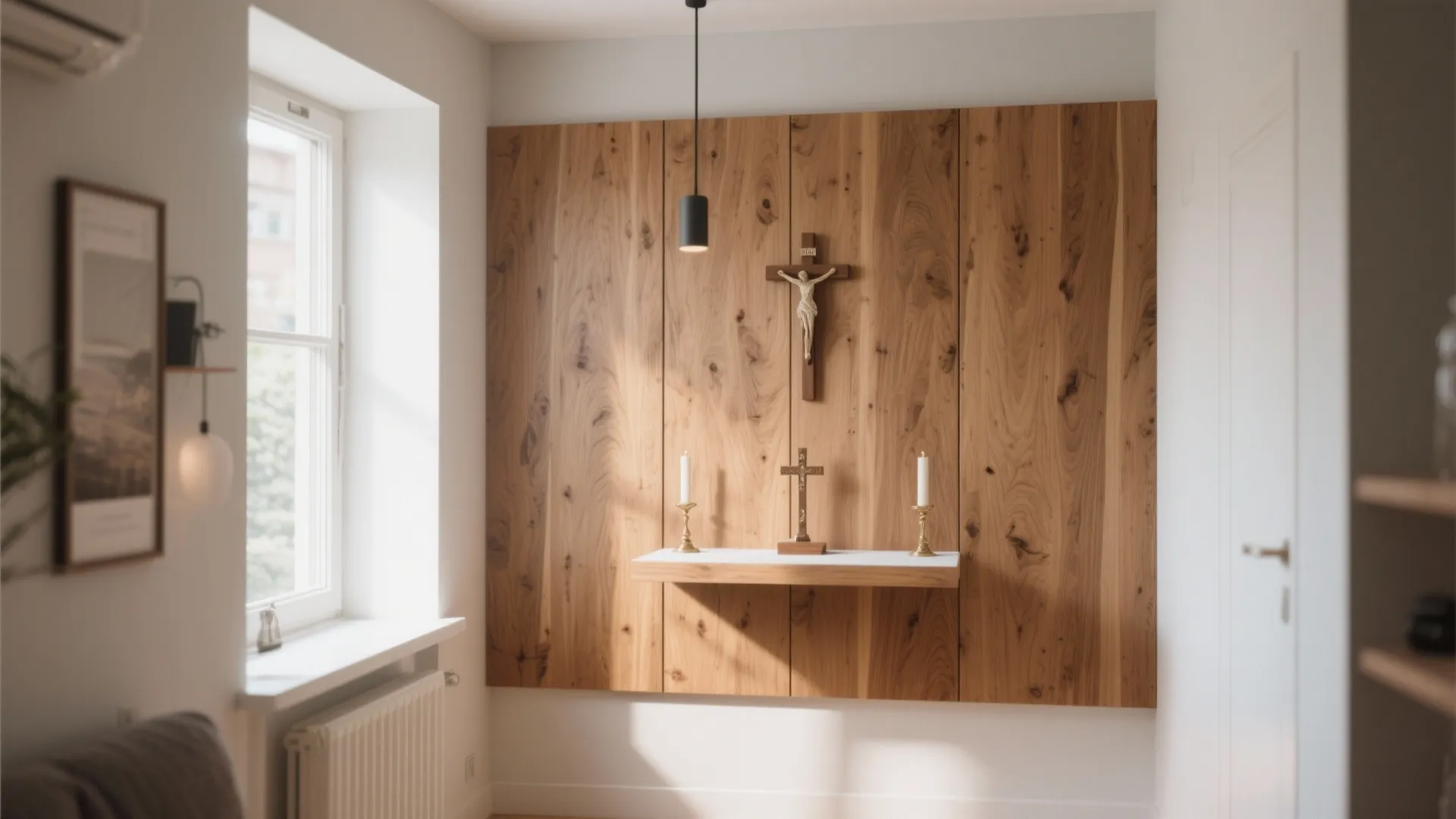 Minimalist prayer corner with wood wall panel cross floating shelf candles and black ceiling light