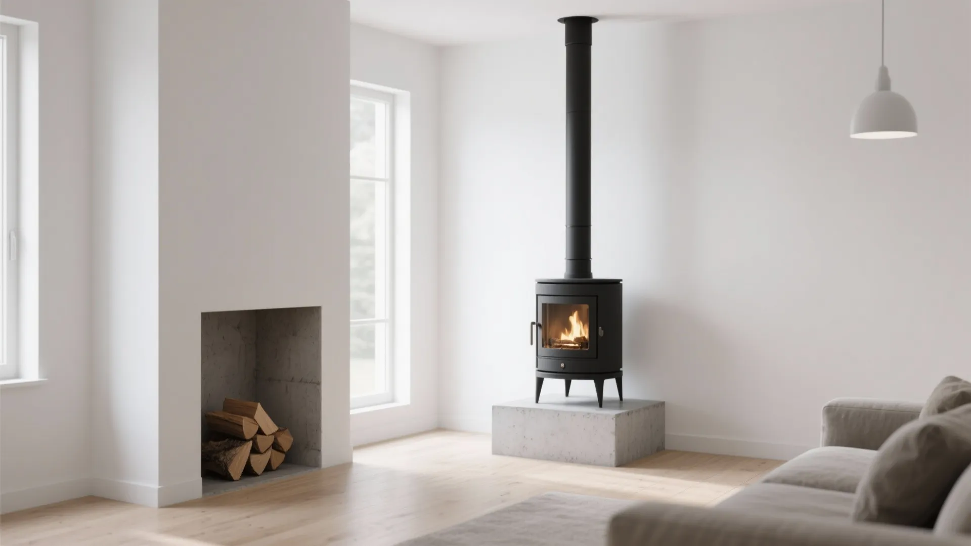Modern minimalist white living room with wood flooring black stove light fixture and a grey sofa