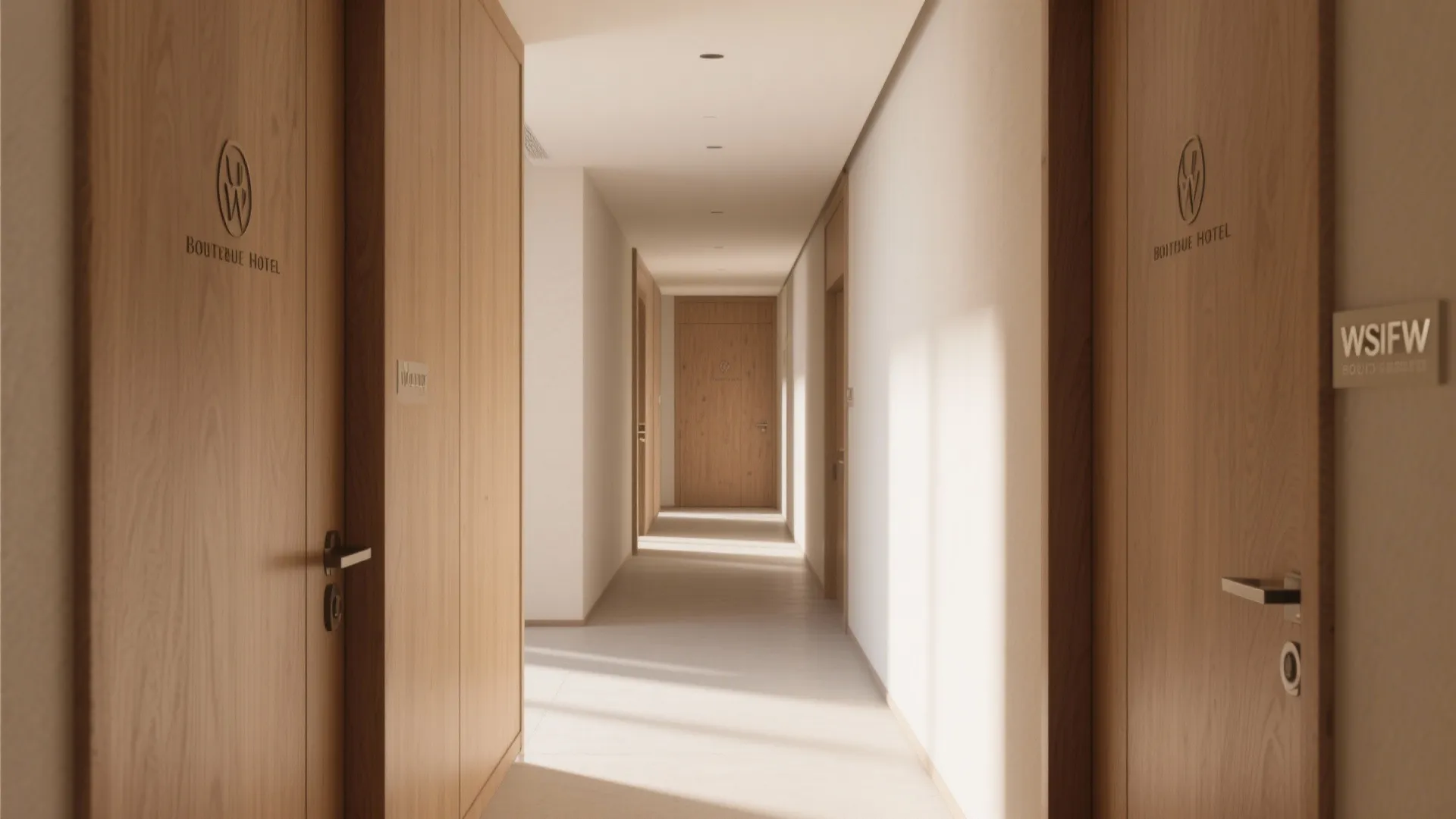 Minimalist light wood hotel doors in a bright clean white hallway with natural sunlight and shadows