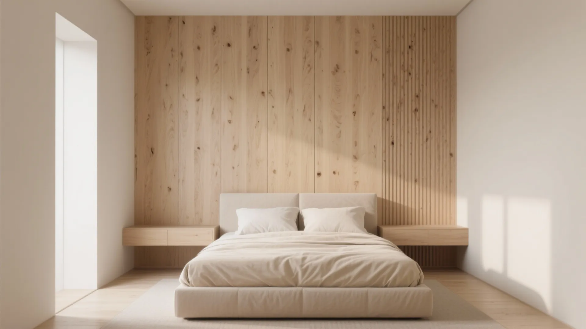 Minimalist bedroom featuring a light wood wall panel behind a beige bed with matching cabinets