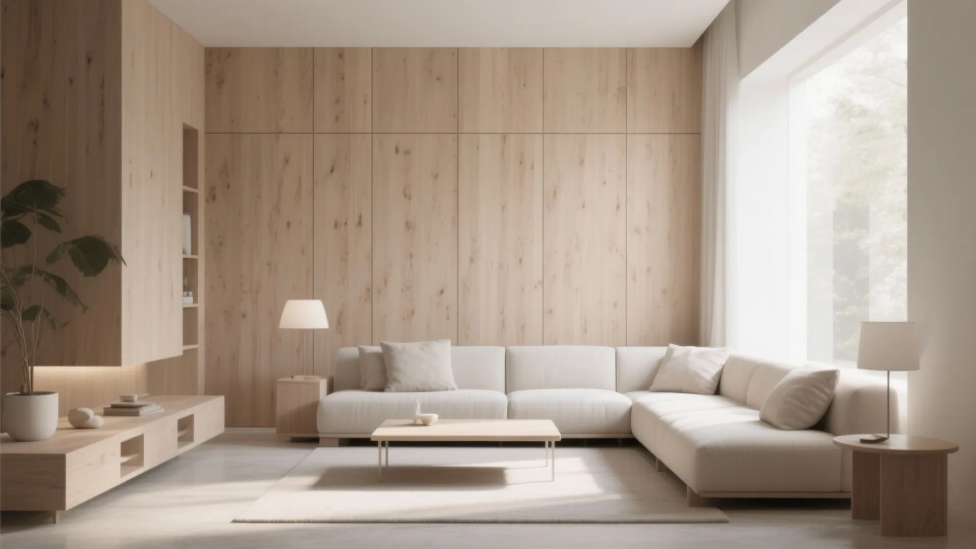 Modern living room with white corner sofa wood wall panels coffee table and large floor window