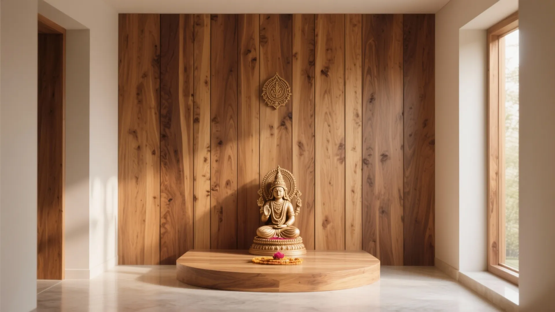 Minimalist prayer room with a gold statue on wood platform against a vertical wood panel