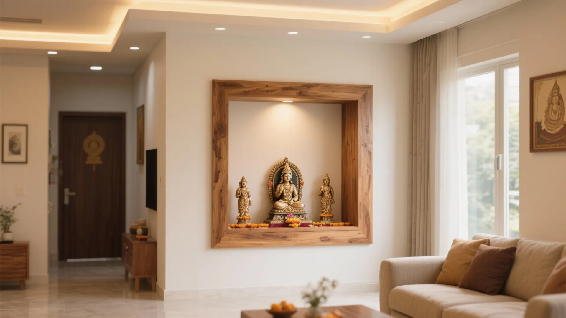 Modern living room featuring a recessed wall shelf with small gold statues and cream sofa