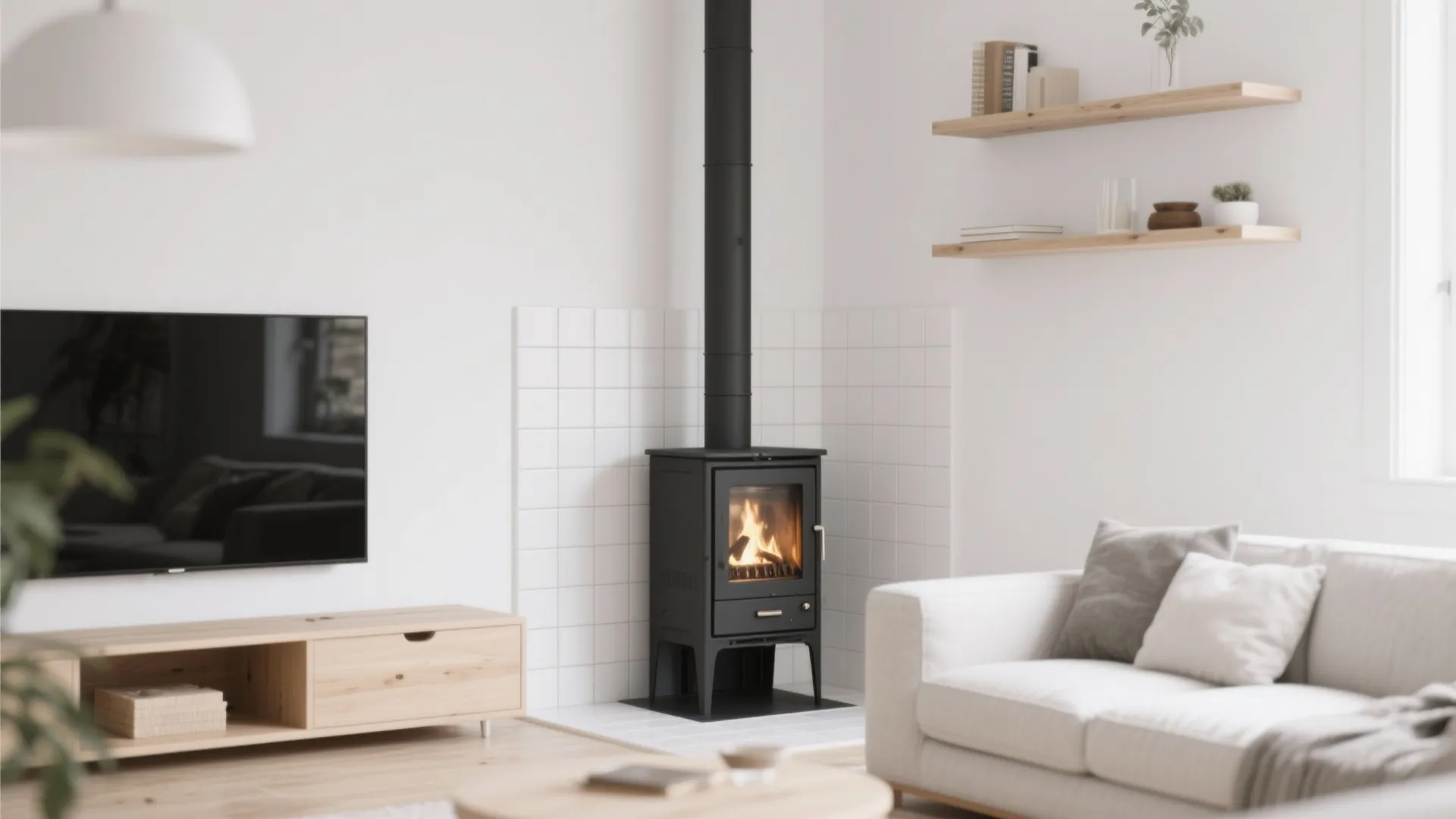 Minimalist white living room featuring black wood stove on white tiles beside white fabric sofa